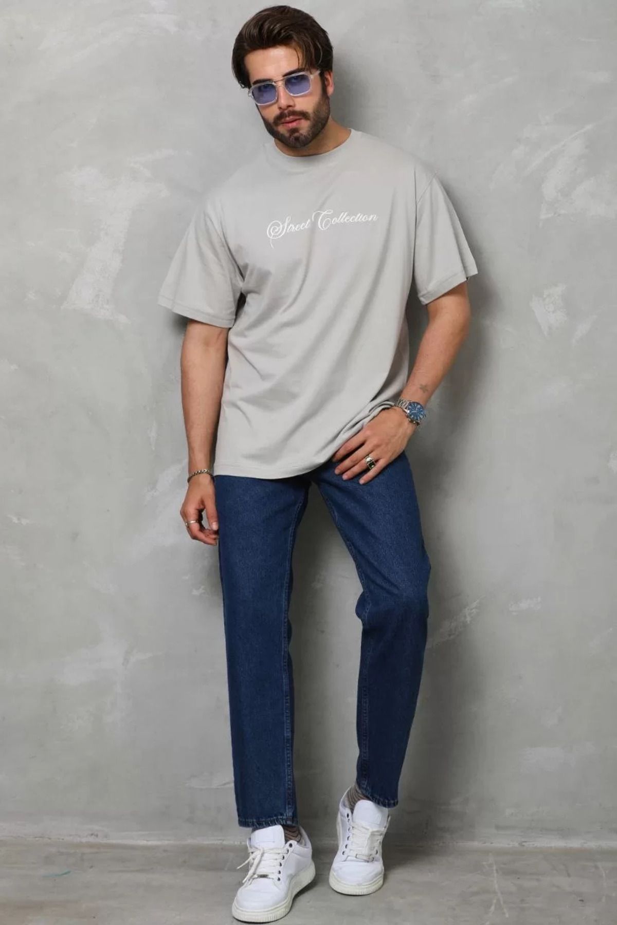 FantaziAtölyesi Unisex Bisiklet Yaka Baskılı Oversize T-Shirt - Gri