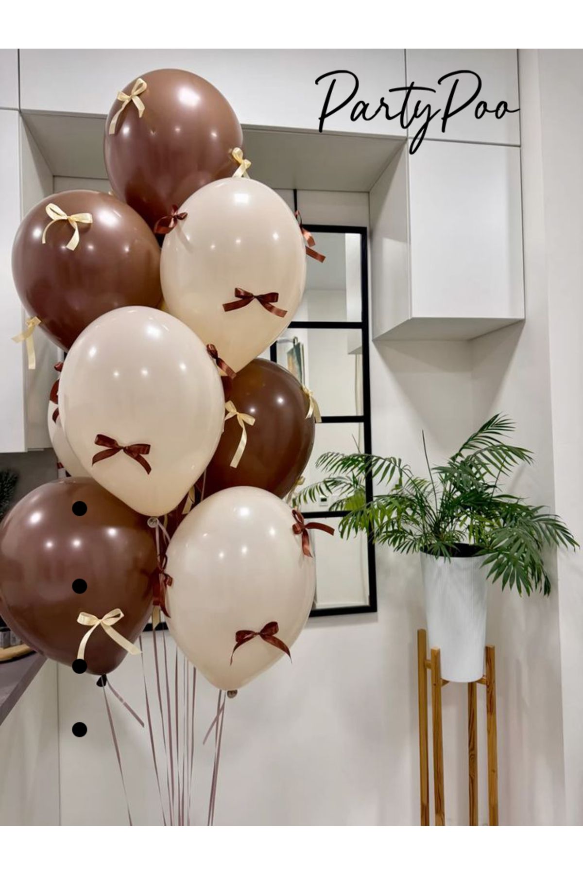 PartyPoo Gold-Kahve Fiyonk Kurdeleli, Kahve ve Bej Renk Balon Seti 10'lu Doğum Günü Fiyonklu Balon