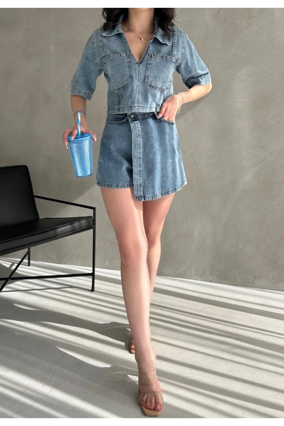 SWEATEE Kadın Denim Kot Bluz ve Kot Şort Etek Takım