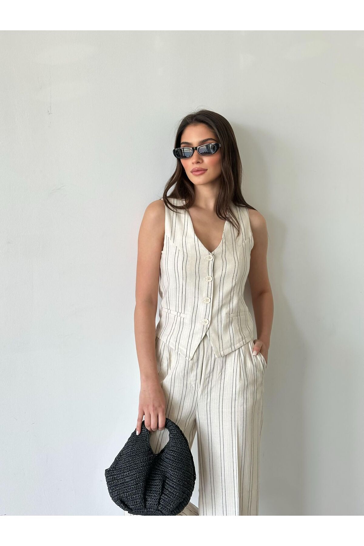 FEMMESTUDIO-Women's Cream Striped Vest Pants Set 5