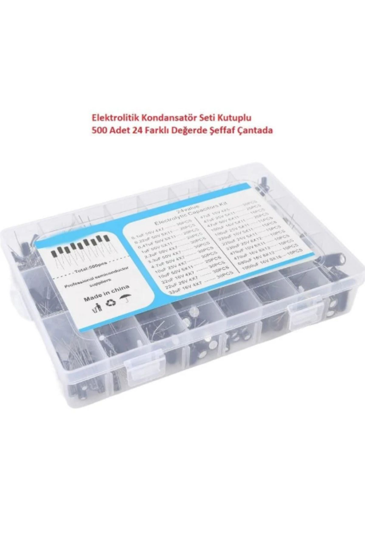 Arduino Elektrolitik Kondansatör Seti Kutuplu 500 Adet 24 Farklı Değerde Şeffaf Çantada