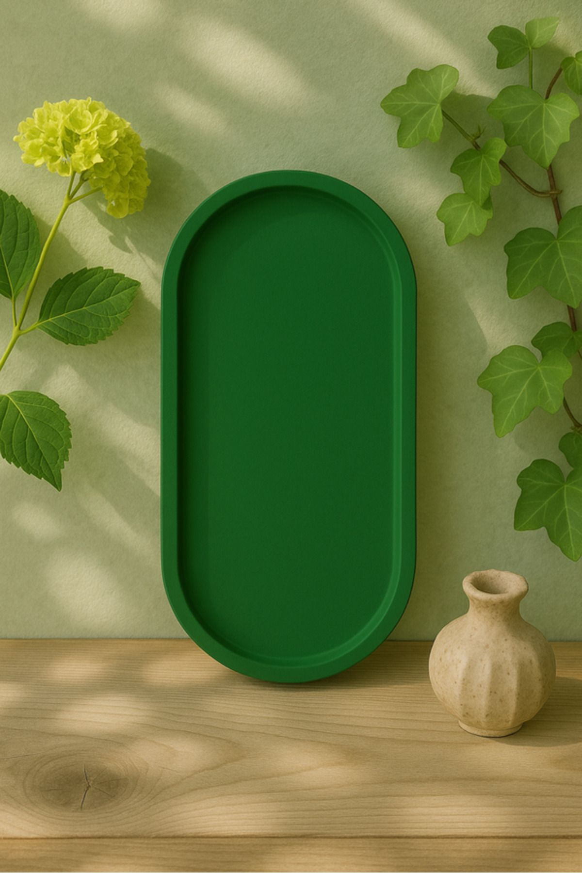 Home Takı Saksı Altlığı Dekoratif Oval Tepsi Yeşil