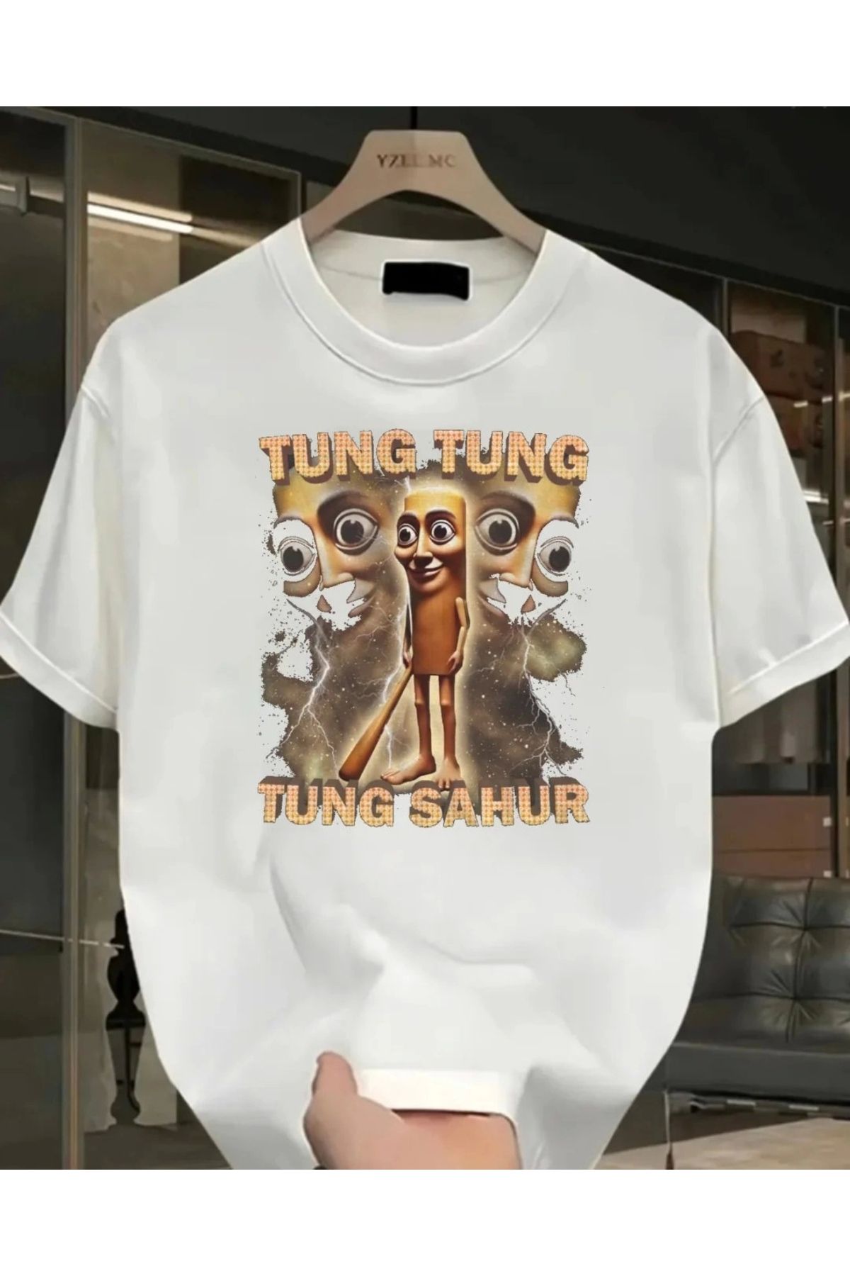 1blood Beyaz Tung Tung Tung Sahur Baskılı Unisex Oversize T-Shirt