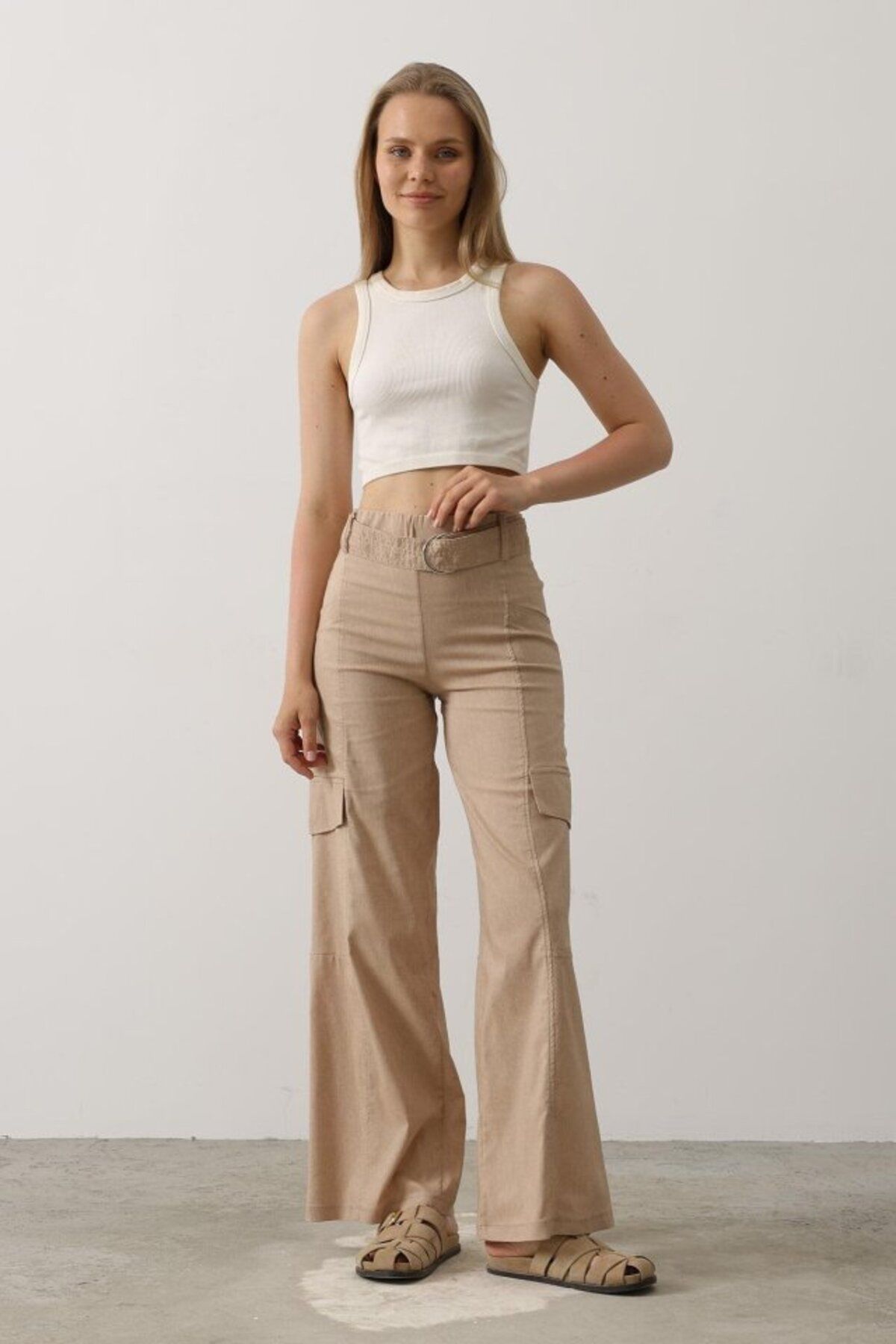 Meleners Kemerli Cargo Pantolon - Taş