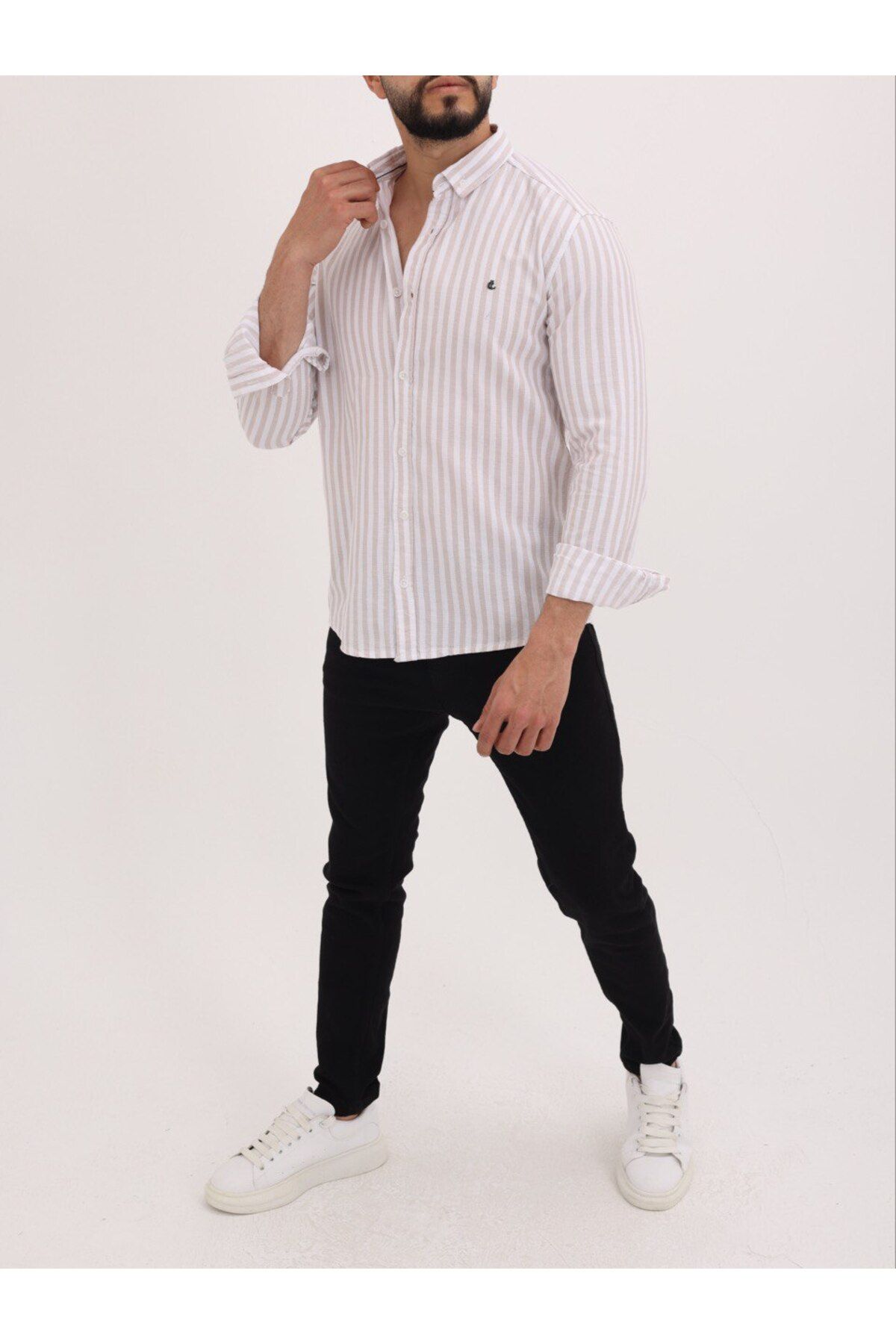 cliento Erkek Slim Fit Taş Çizgili Keten Gömlek