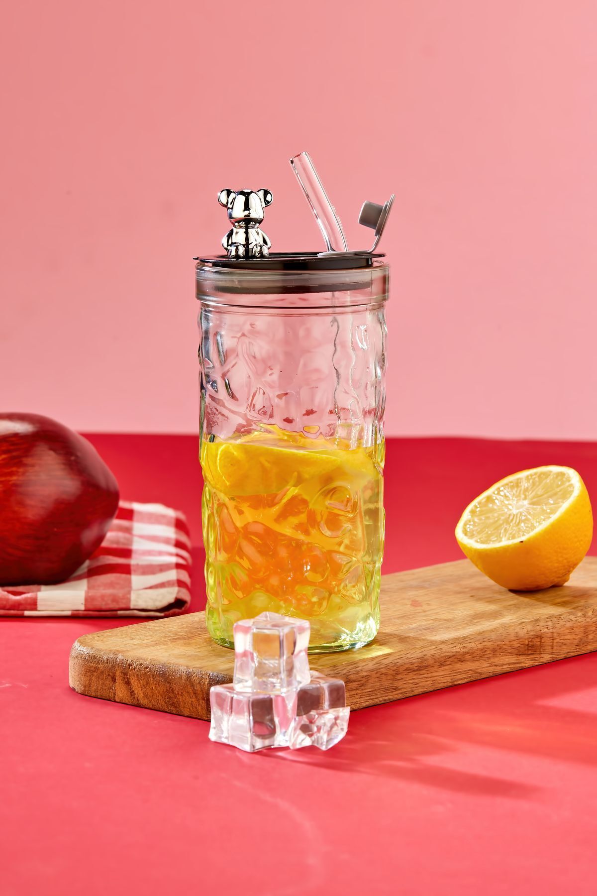 NY HOME Ayıcık Figürlü Cam Pipetli Meşrubat Bardağı Şeffaf 420 ML