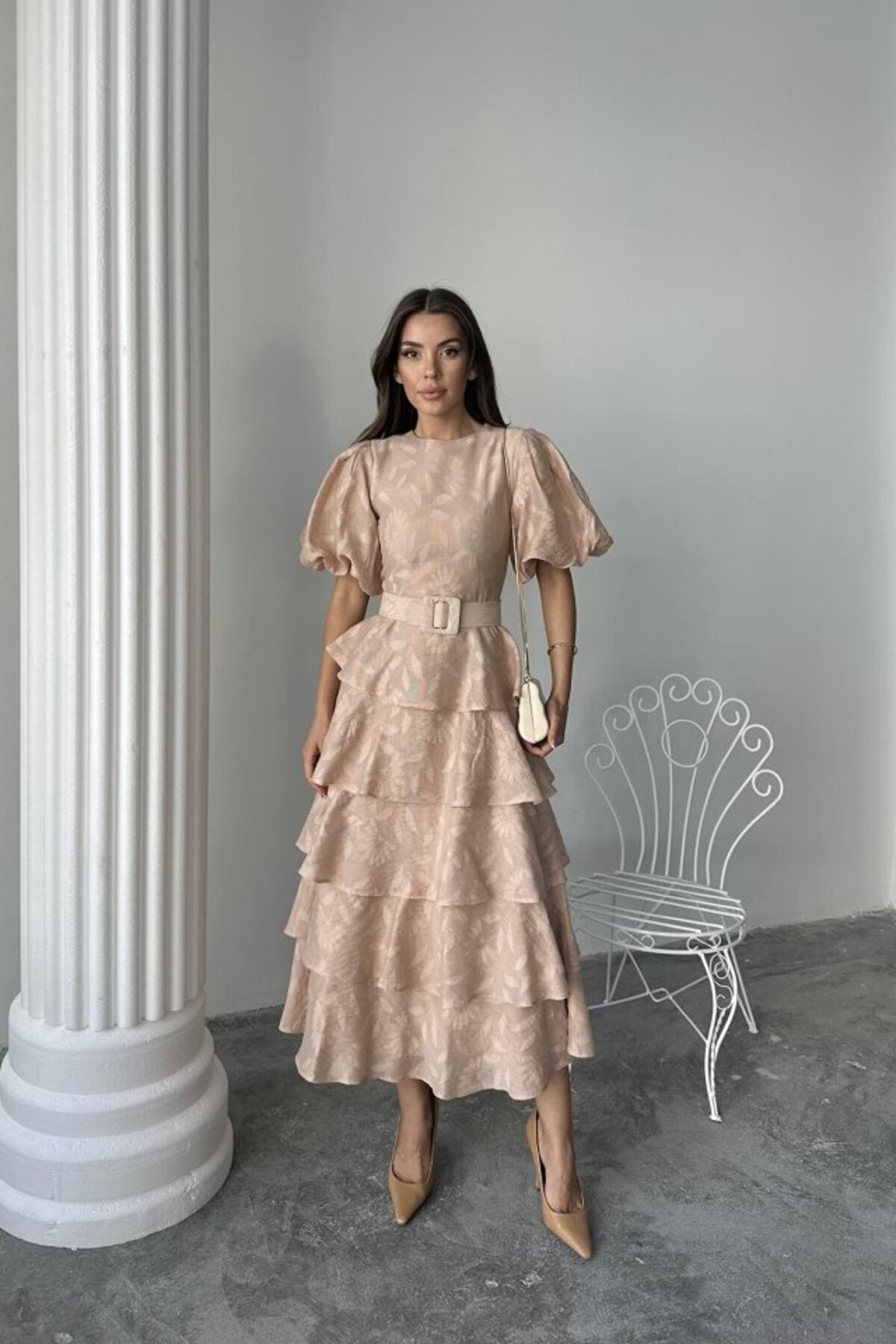 modaserdem-Beige Layered Balloon Sleeve Belted Dress 4