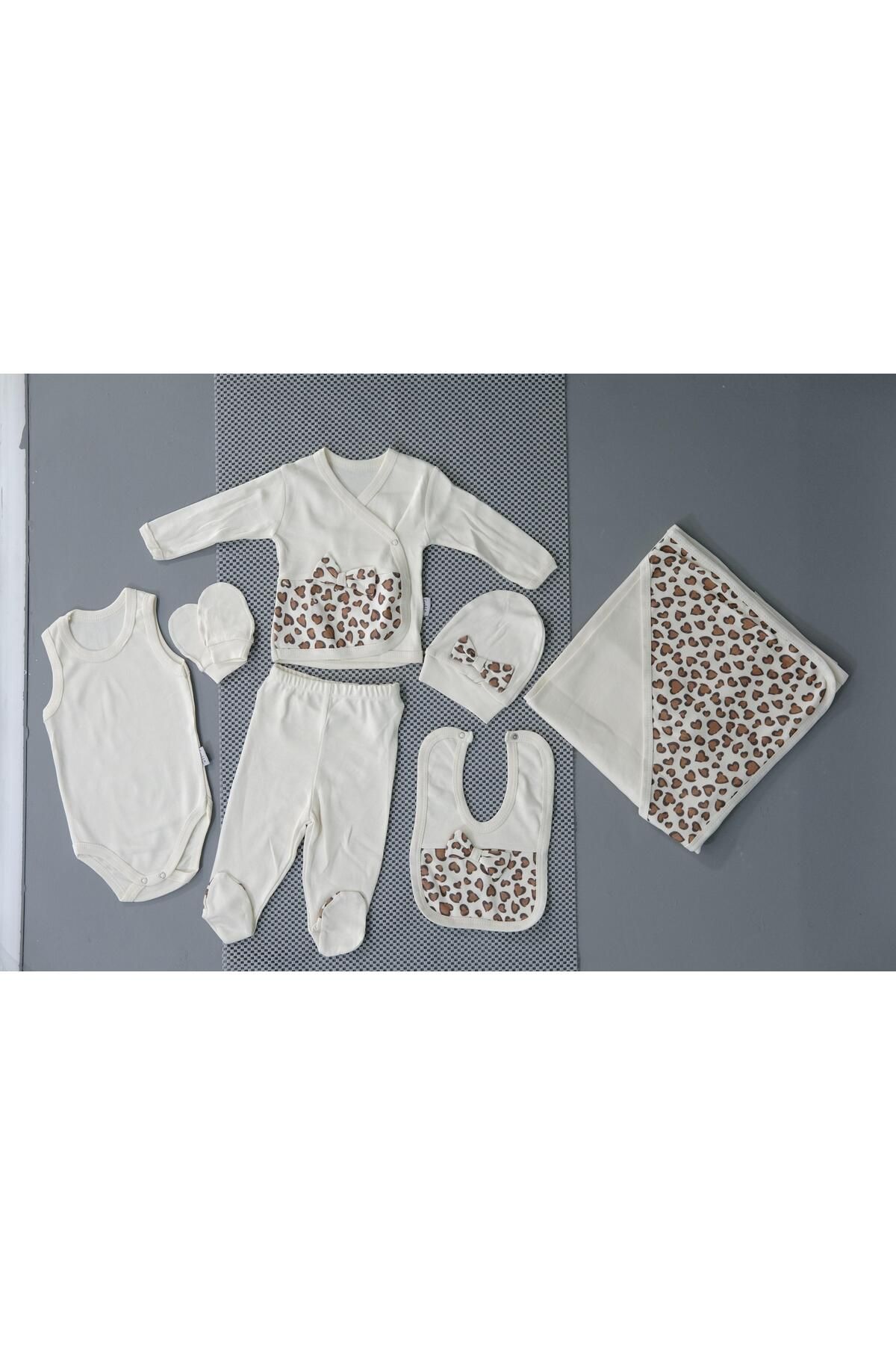 agugu Leopar Desenli 7'li Kız Bebek Zıbın Takımı Krem