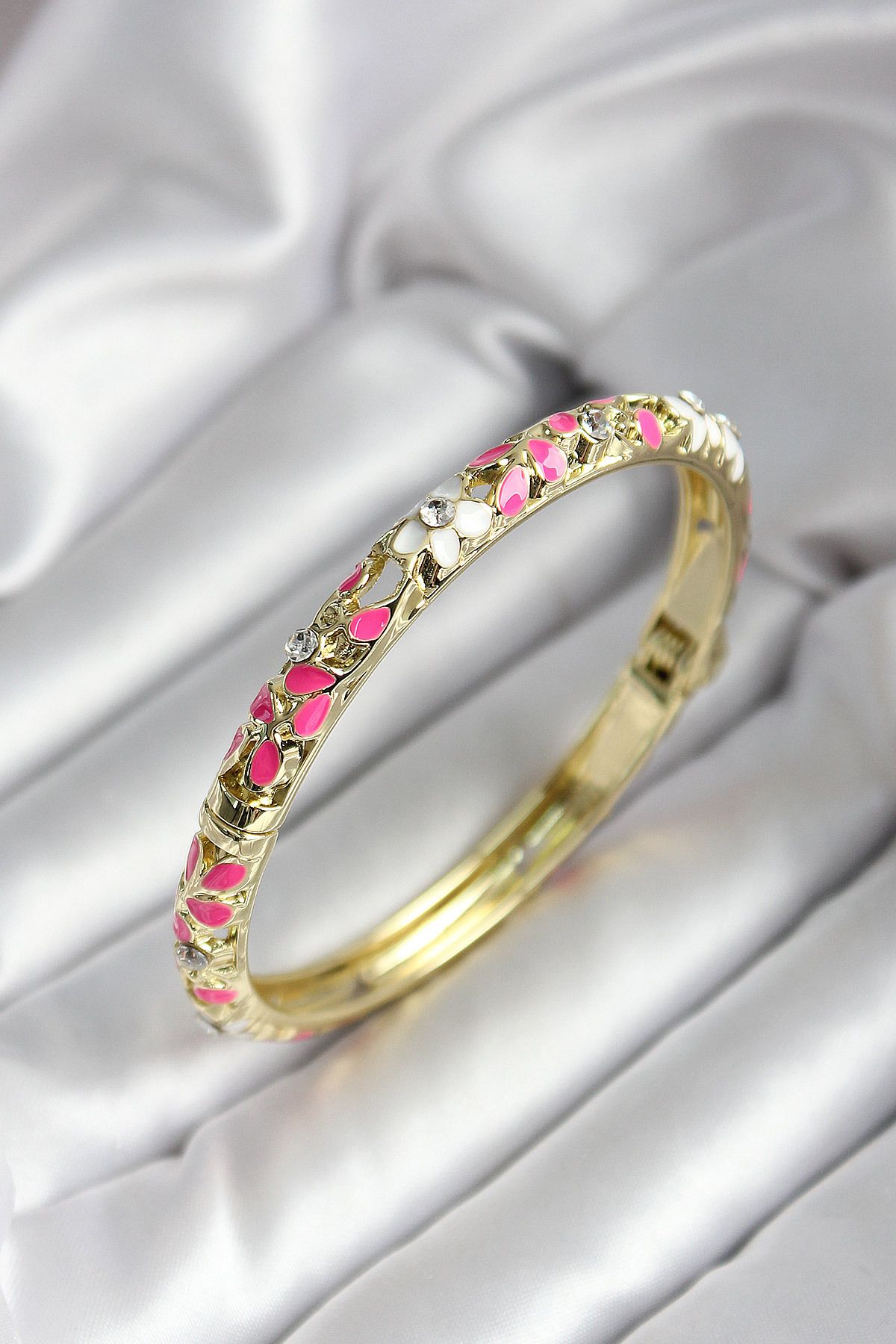Goşenefmafe Mineli Pirinç Pembe Çiçek Desenli Gold Renk Kadın Kelepçe