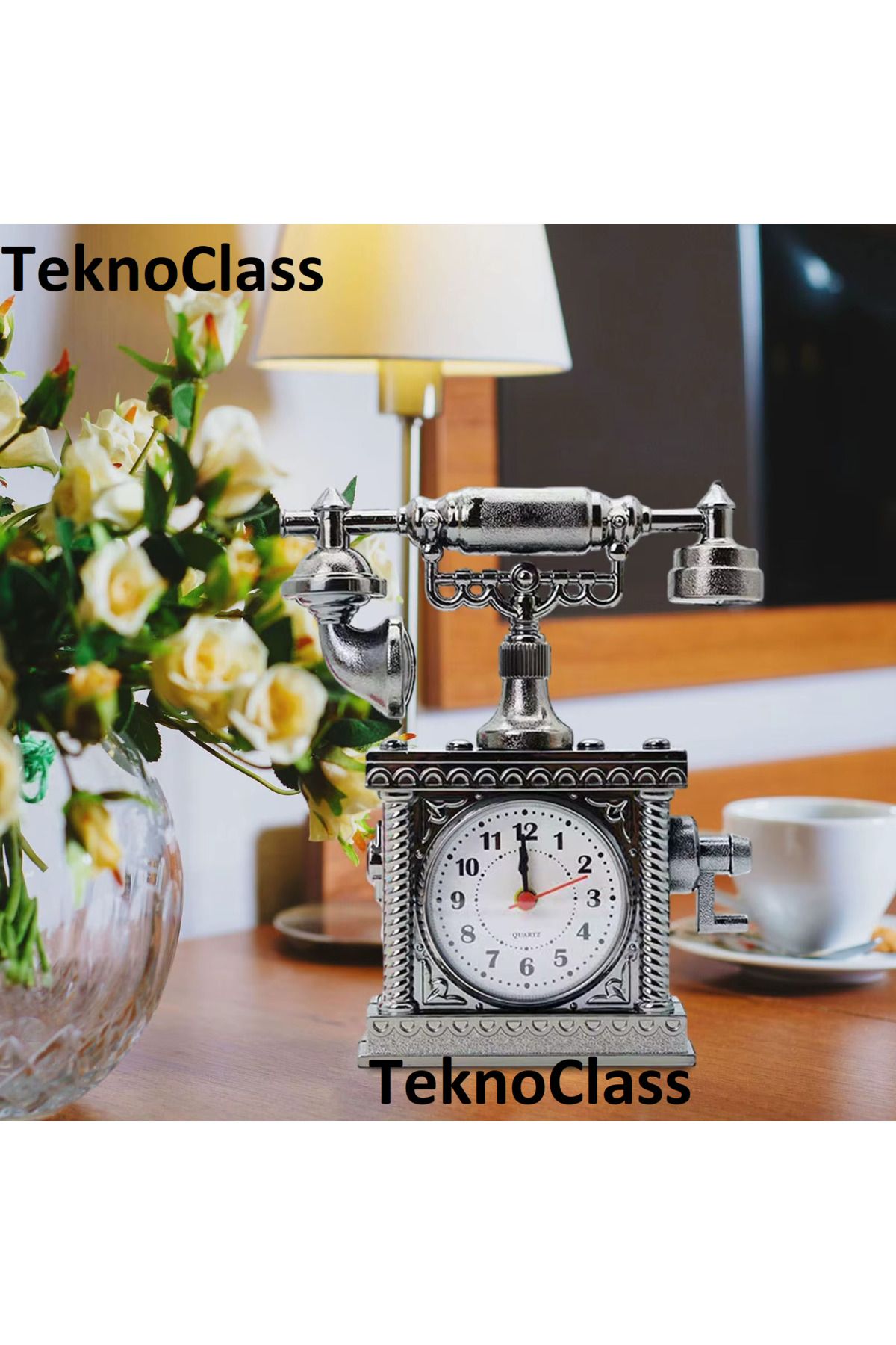 TeknoClass Vintage Telefon Model Şekilli Nostaljik Dekoratif Masa Saati Çalar Masa Saat Pilli