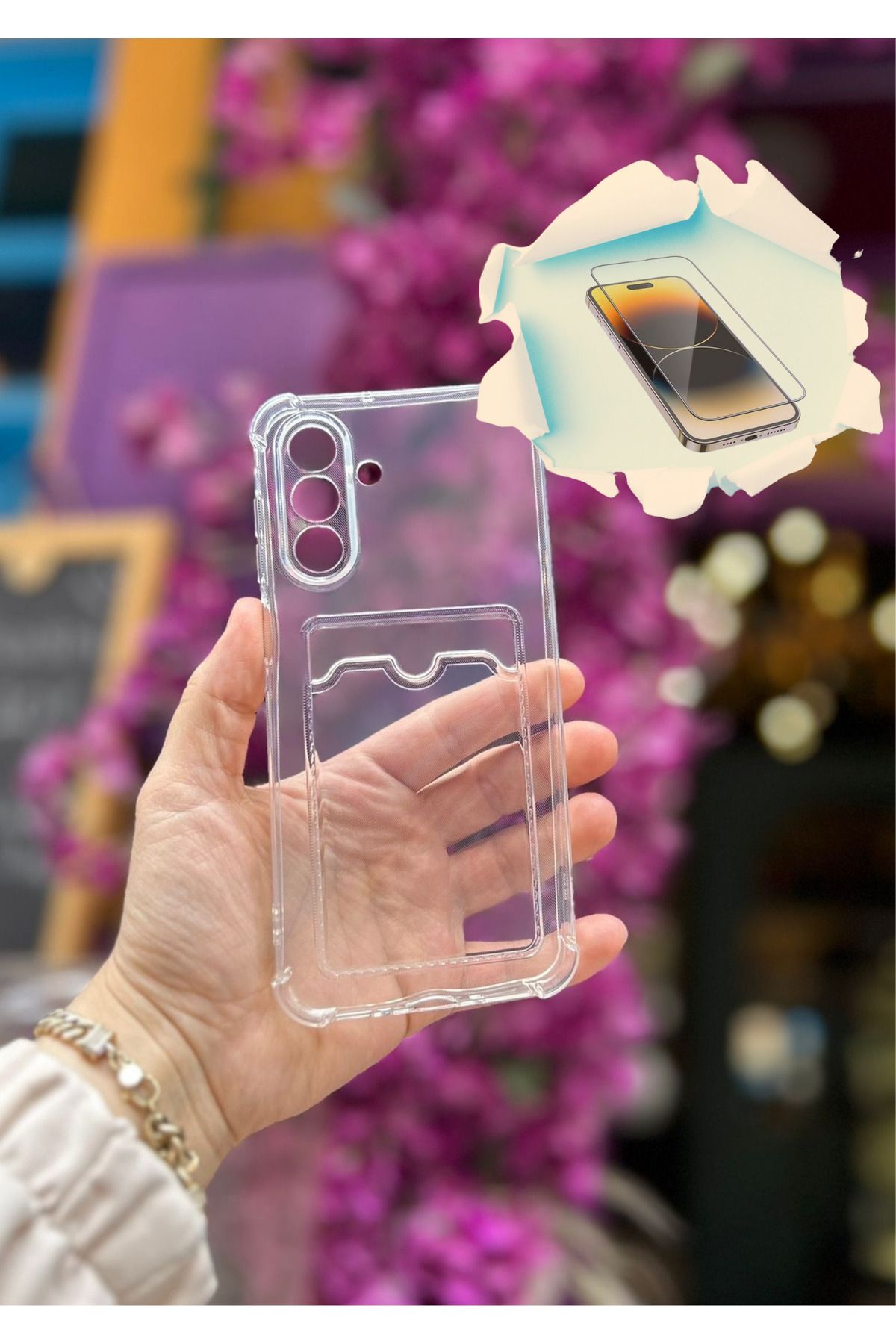 CNL Samsung Galaxy A26 Uyumlu Kamera Korumalı Kartlıklı Darbe Emici Şeffaf Kılıf - Kırılmaz Cam Hediyeli
