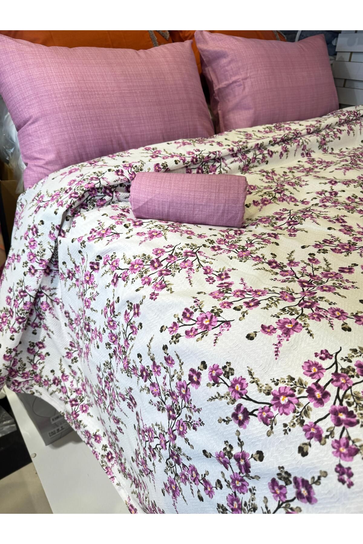 ŞENER HOME-Plum Branch Patterned Sheet Elastic Double Pique Set 6