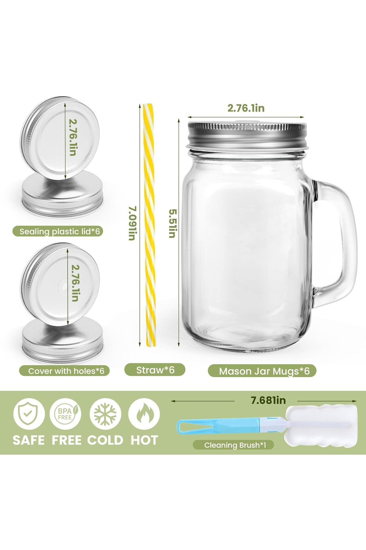 Generic-16oz Glass Mason Jar Set of 6 with Lids and Straws - Mason Jars with Handles for Cold Drinks 3