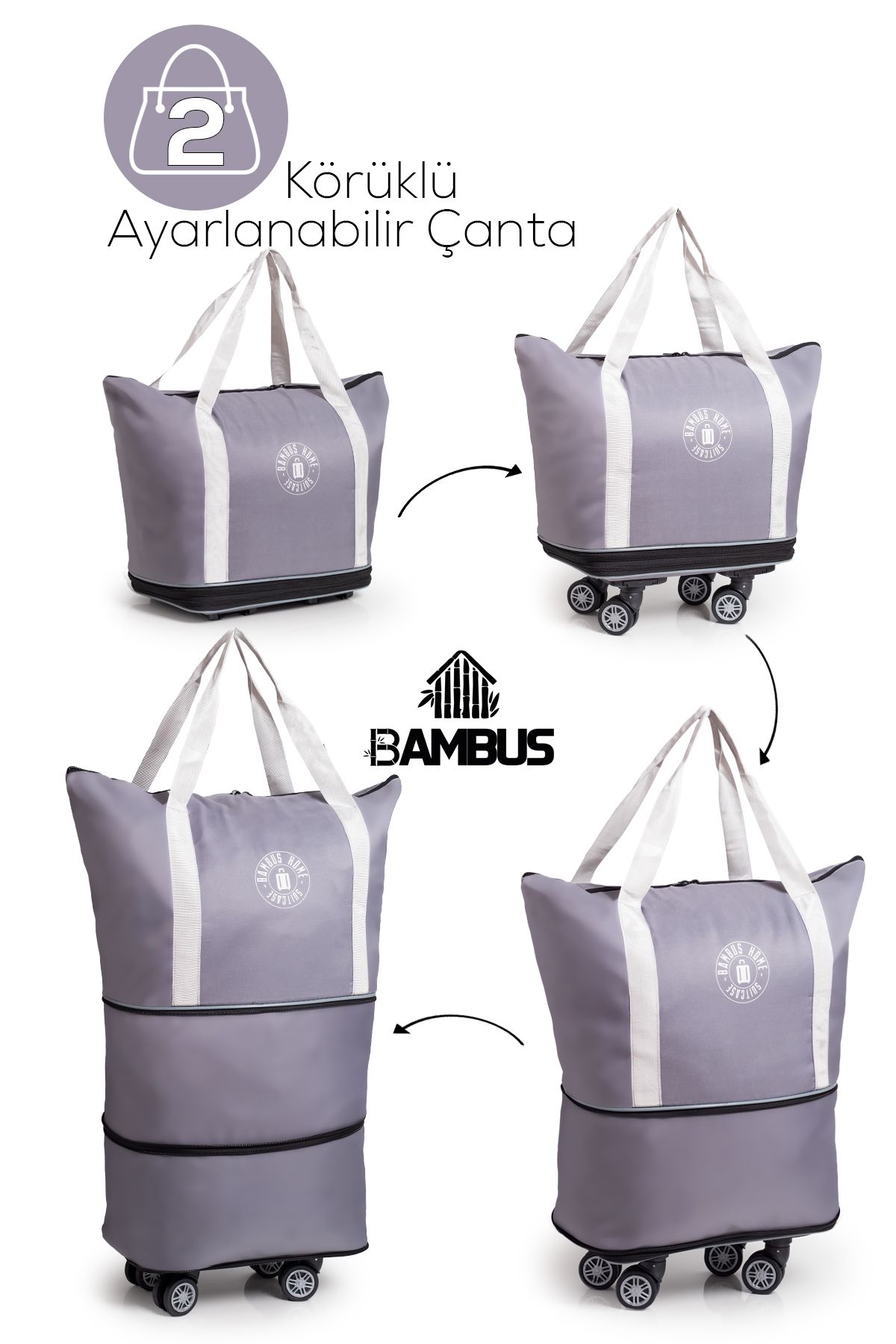 Bambus Çok Amaçlı Genişleyebilen Alışveriş Pazar Market Arabası Çantası Sökülebilen Tekerlekli Büyük Boy