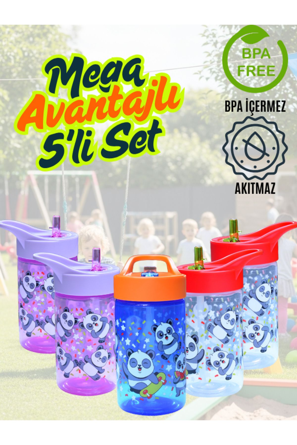 Peaceful 5'li Panda Suluk Seti BPA Free Pipetli Matara - Okul & Kreş & Spor İçin Sızdırmaz