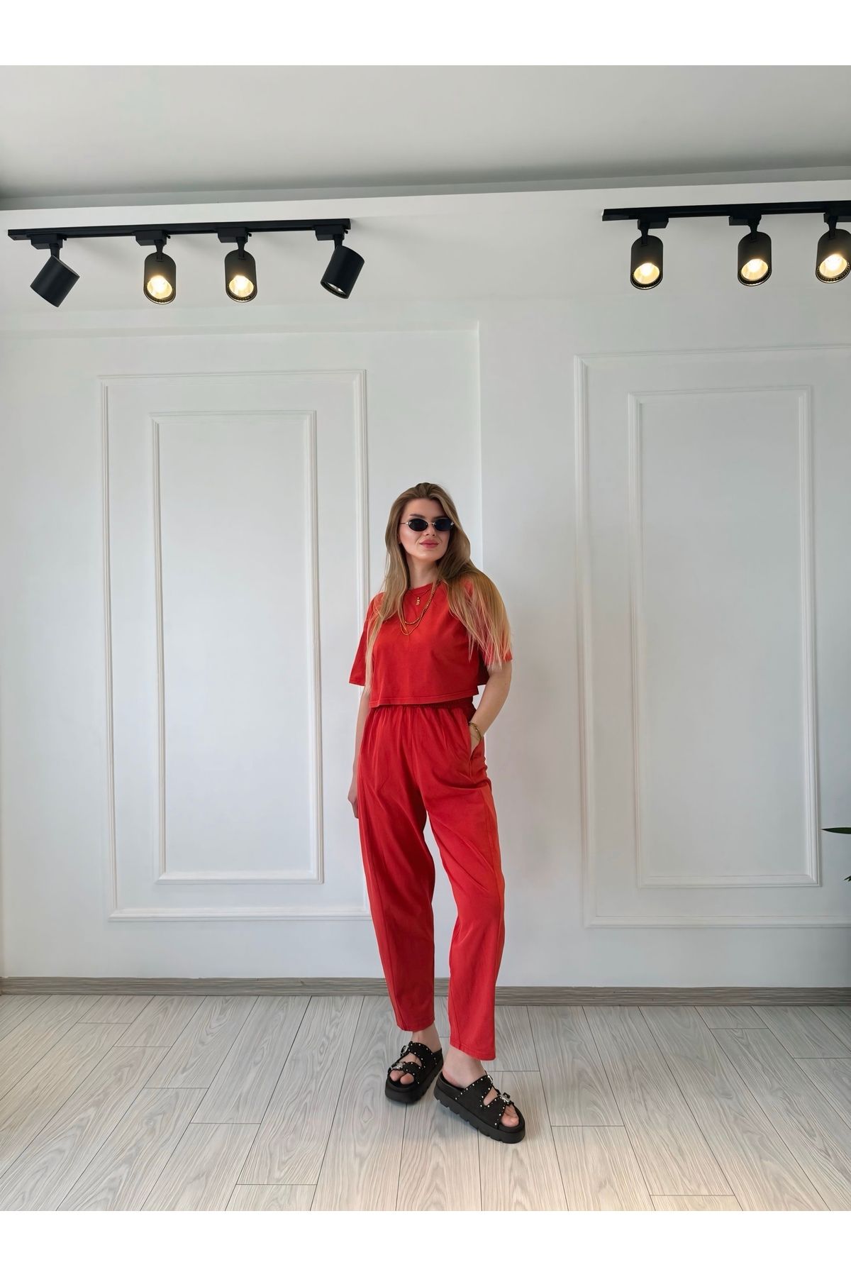 Store Kar Yıkamalı Pantolon Tshirt Takım - Nar Çiçeği