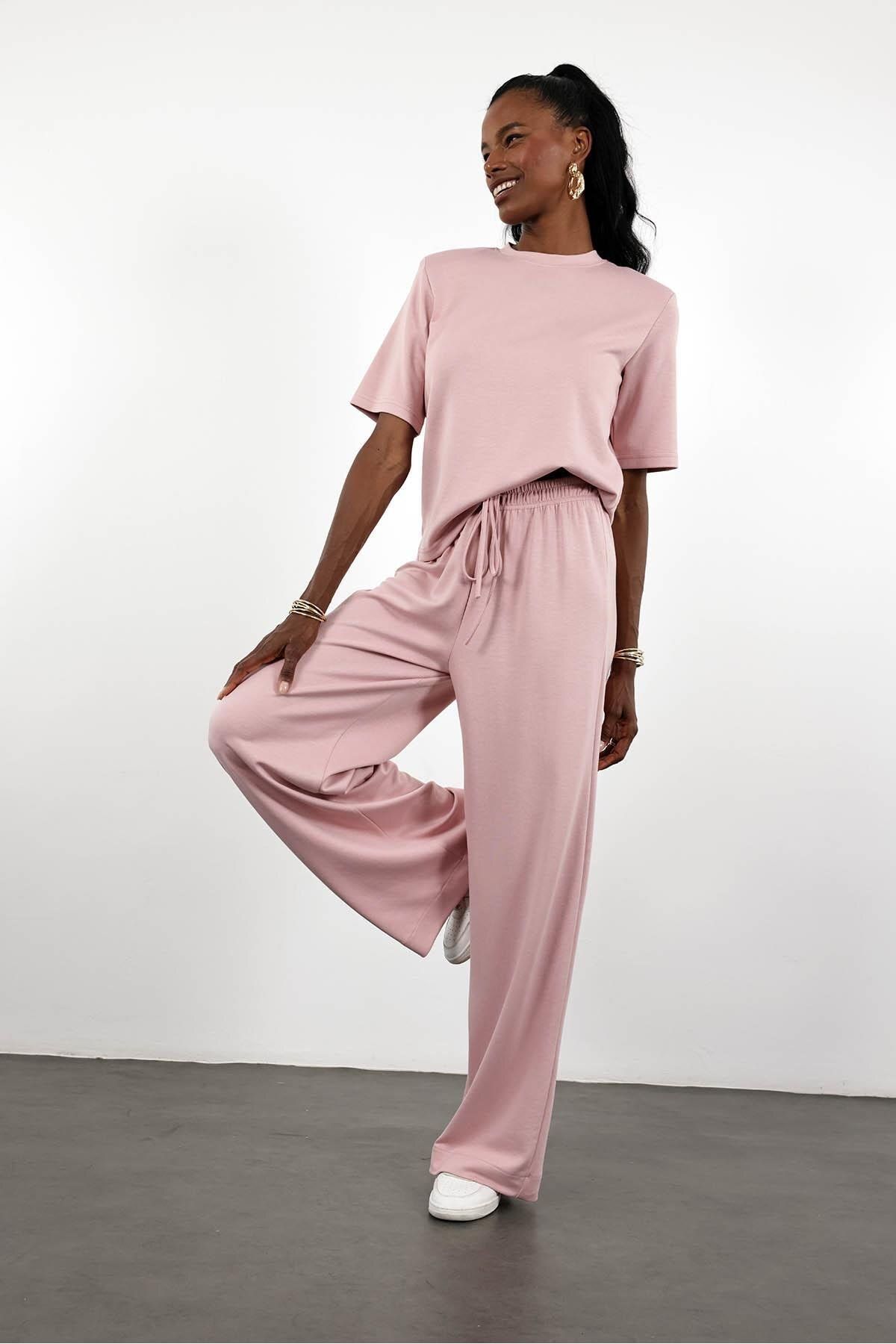 5in1Canpolat Pembe Vatkalı Basic Tshirt Pantolon Takım