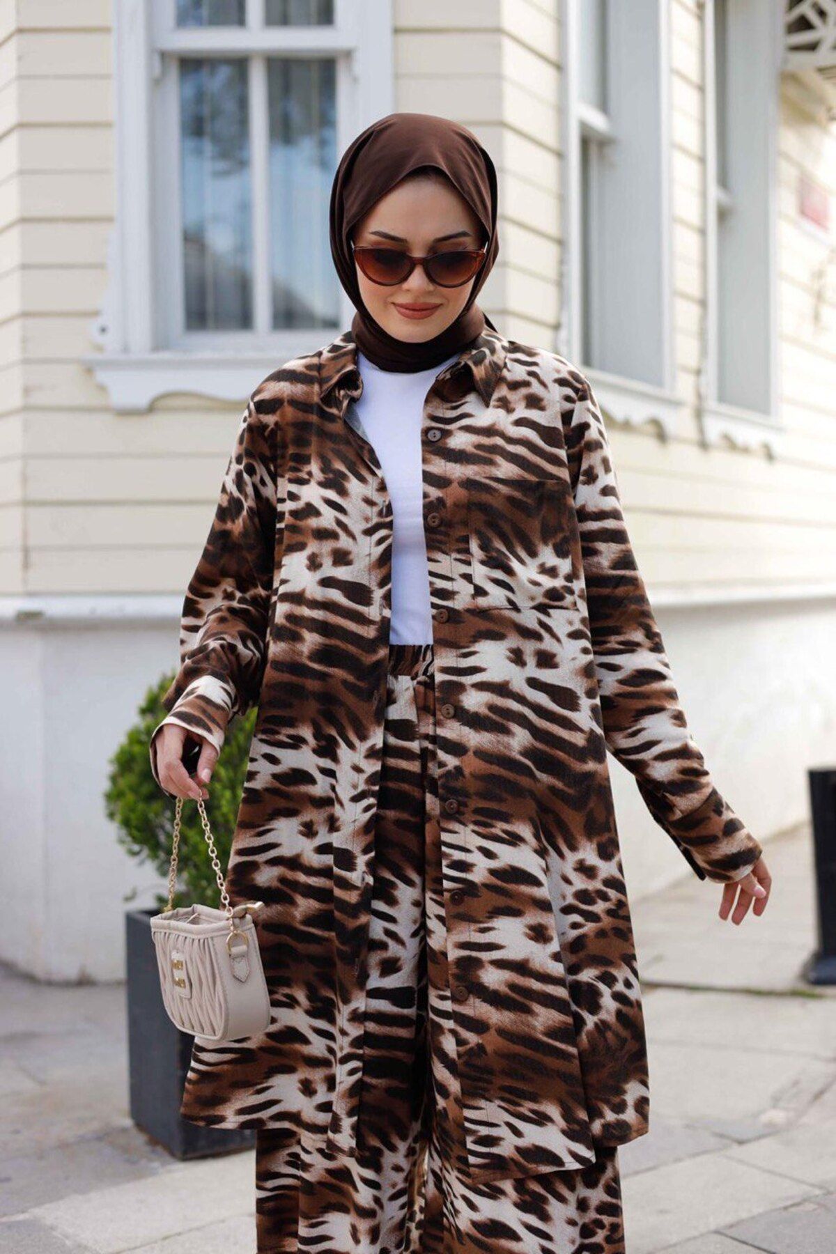 Enans Design Kadın Tesettür 2'Li Leopar Takım Tunik & Pantolon