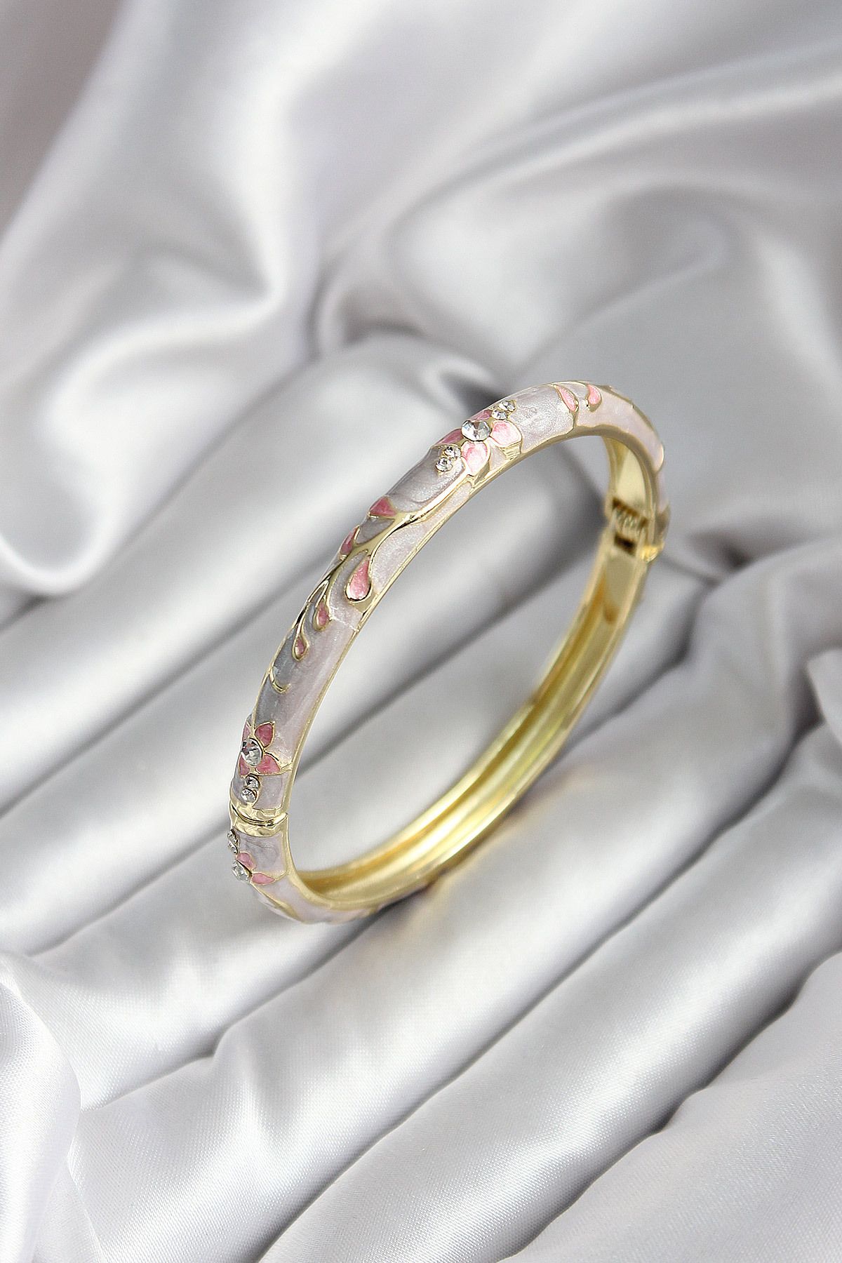 Goşenefmafe Mineli Pirinç Çiçek Desenli Zirkon Taşlı Gold Renk Kadın Kelepçe (çap 60 mm)