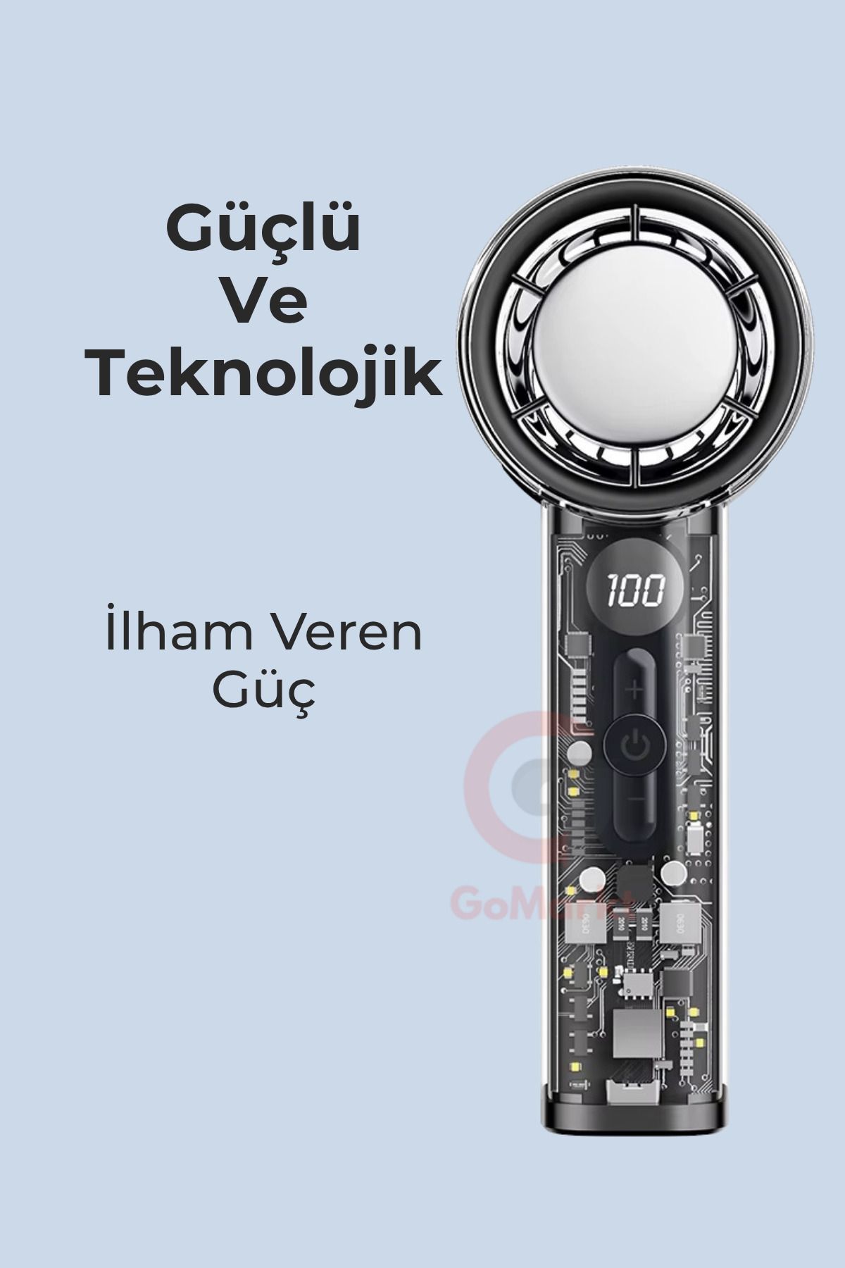 GoMarkt Taşınabilir Şarjlı Mini El Fanı 5 Kademeli 3000mAh Pil Dijital Göstergeli Şık Tasarım