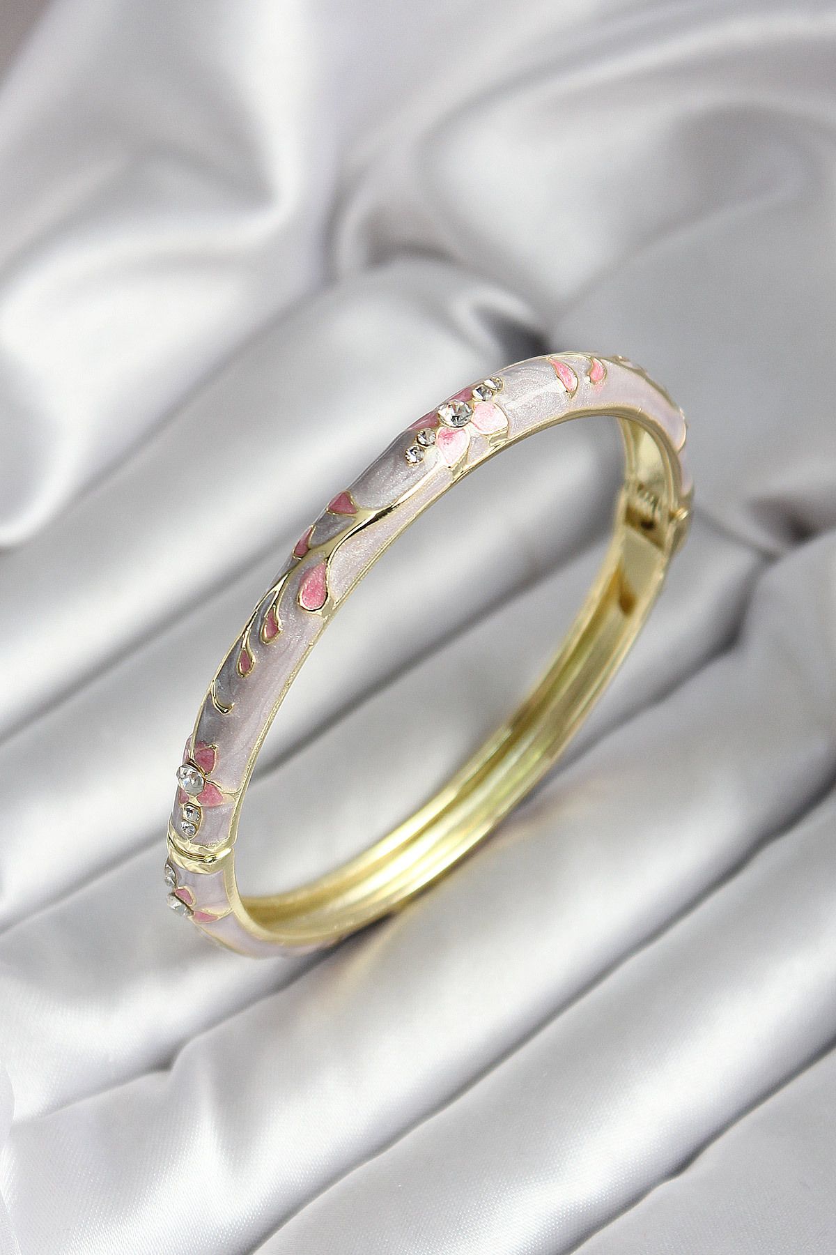 Goşenefmafe Mineli Pirinç Pembe Çiçek Desenli Gold Renk Kadın Kelepçe