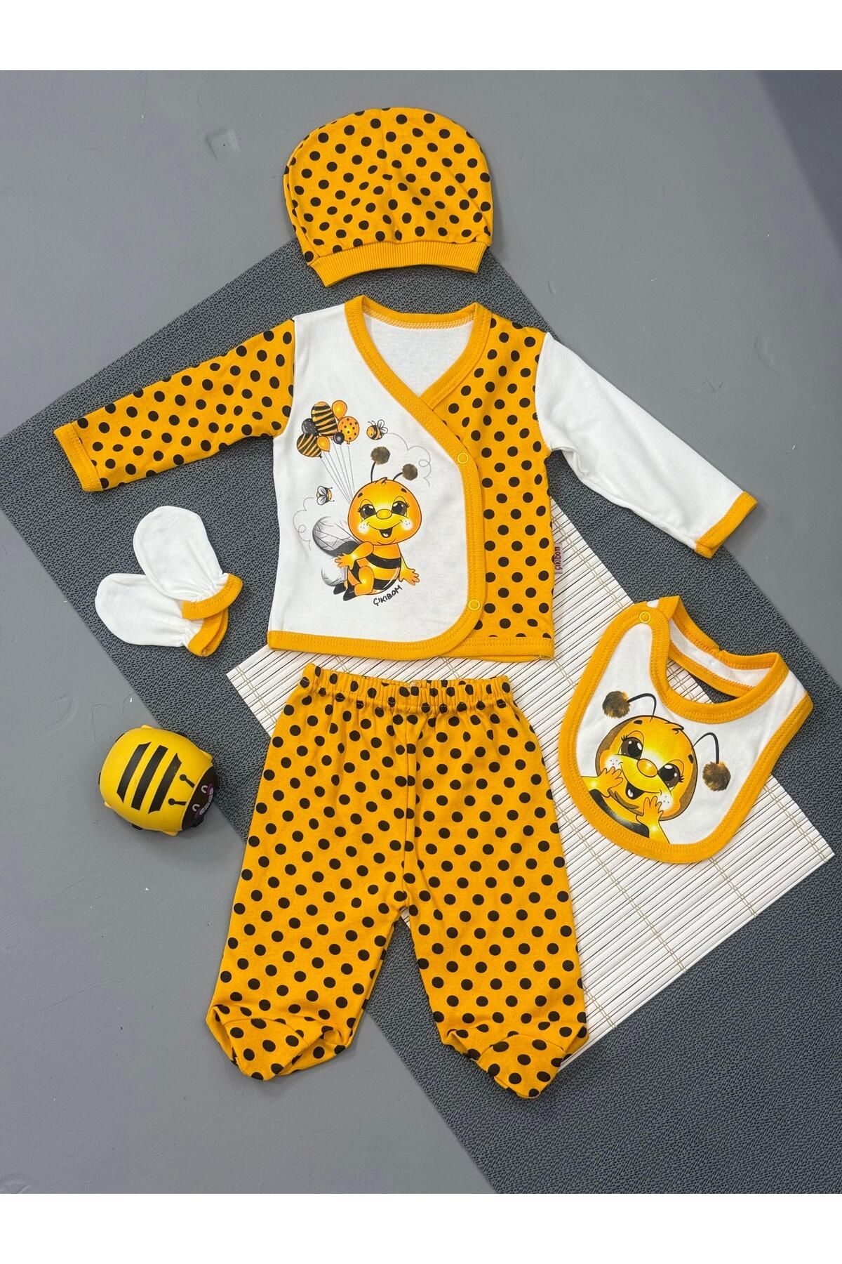agugu Unisex 5'li Arı Desenli Zıbın Takımı Sarı