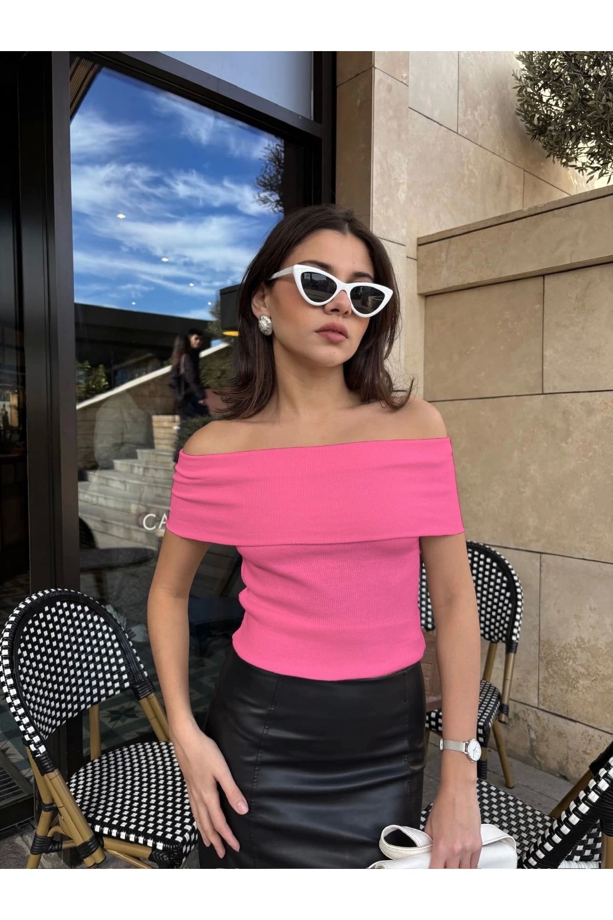 KAZAX Madonna yaka sıfır kol bluz pembe