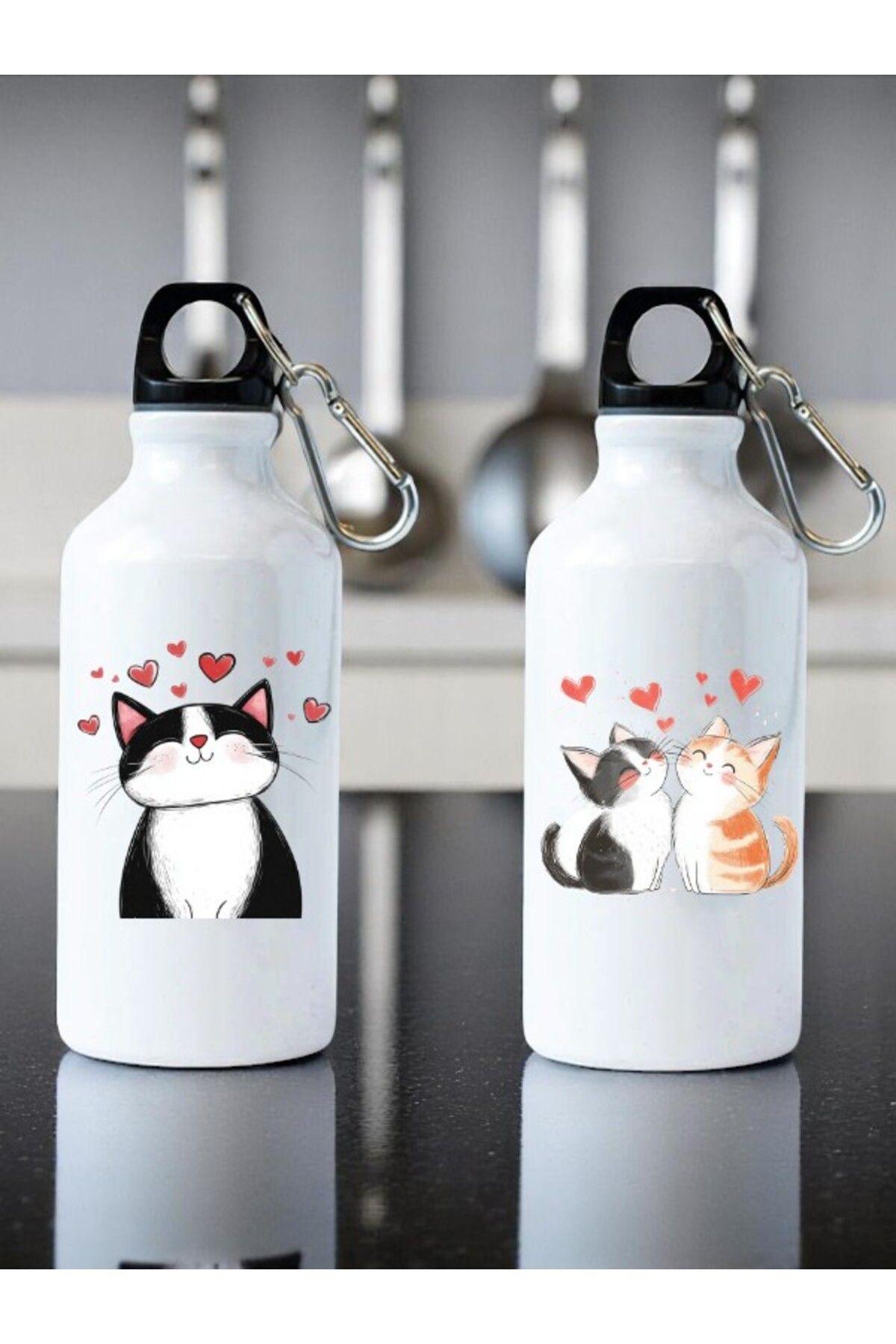 lili hediyelik Kalpler ve Kedi Baskılı 2'li Matara Suluk