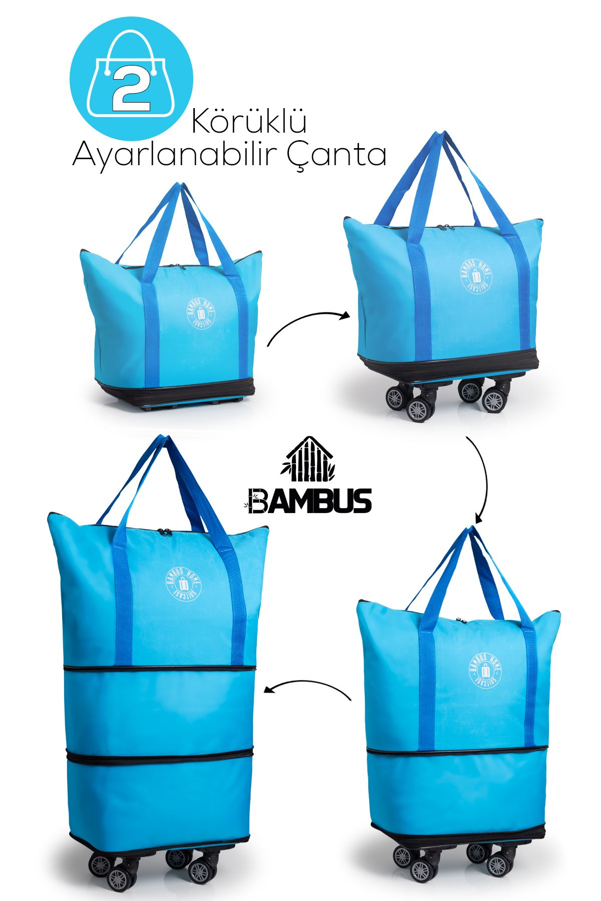 Bambus Çok Amaçlı Genişleyebilen Alışveriş Pazar Market Arabası Çantası Sökülebilen Tekerlekli Büyük Boy