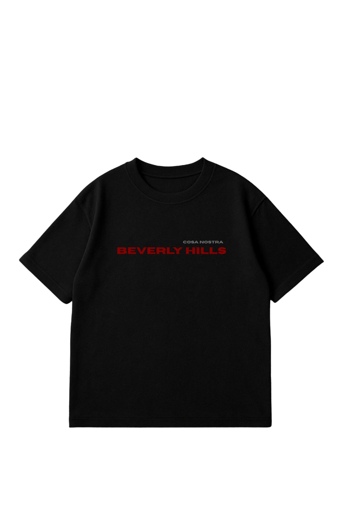 COSA NOSTRA Unisex Oversize Beyaz Tişört – Beverly Hills Baskılı %100 Pamuk 24/1 Süprem