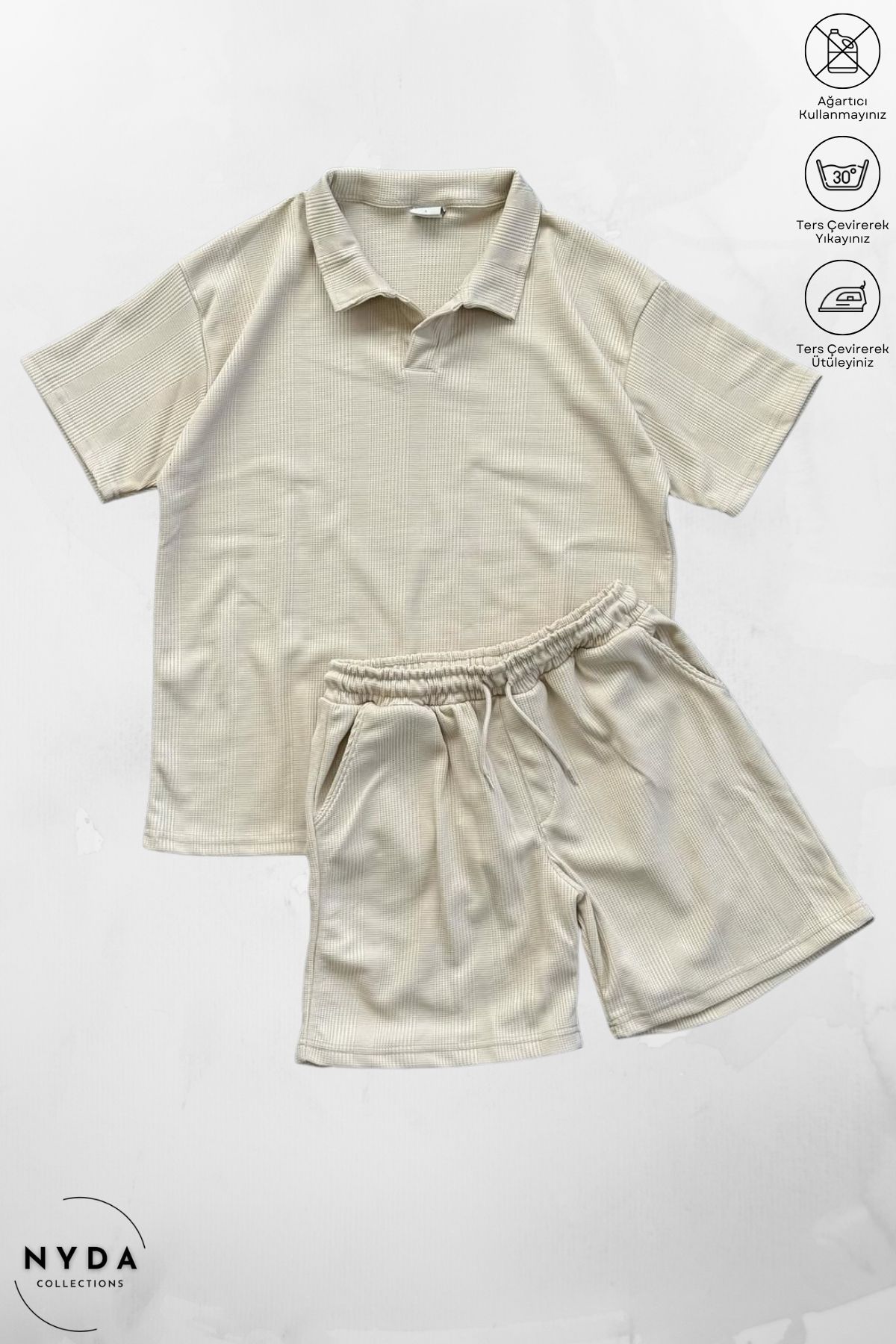 Nyda Collections Pamuklu Petek Kumaş Desenli Erkek Kadın Unisex Polo Yaka T-Shirt ve Şort Takım 2'li Set