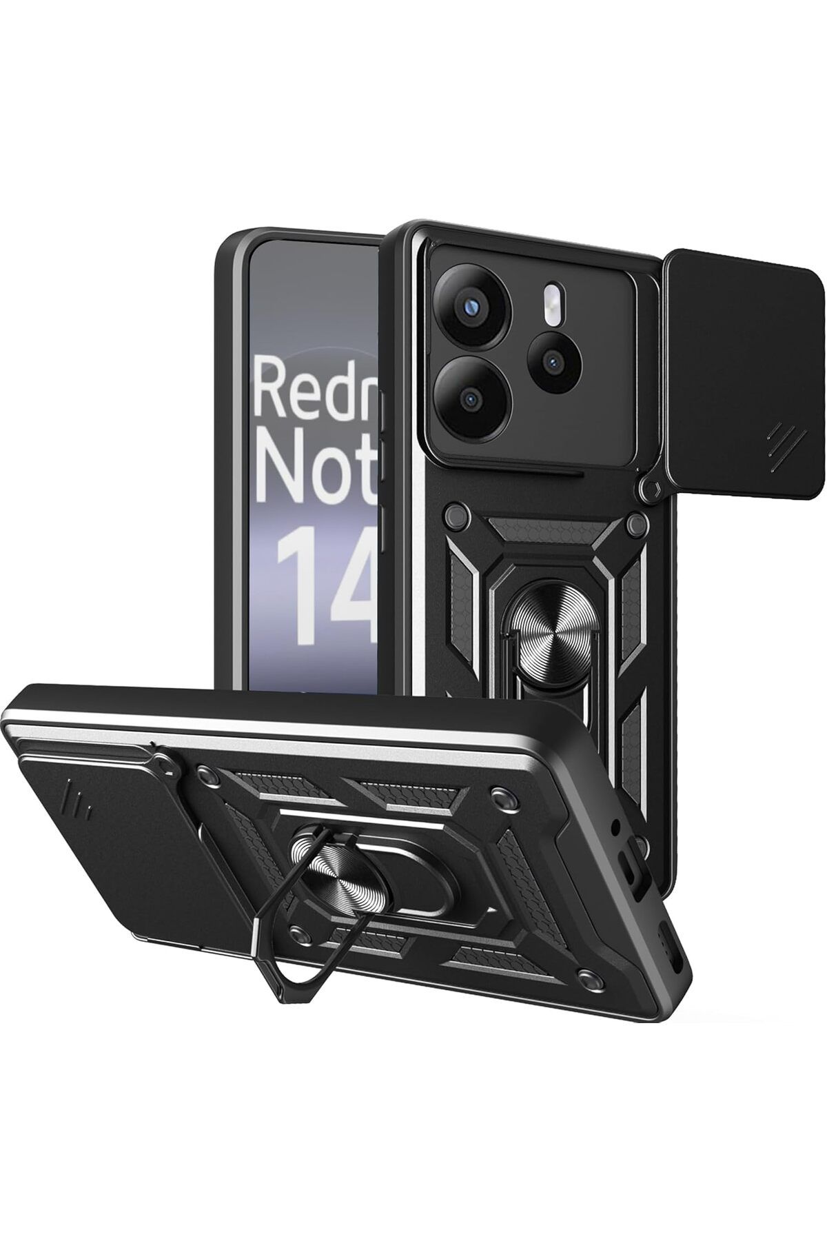 Rivor Xiaomi Redmi Note 14 4G Kılıf Kamera Sürgülü Standlı Yüzüklü Darbe Emici Zırh Koruyucu Tank Kapak