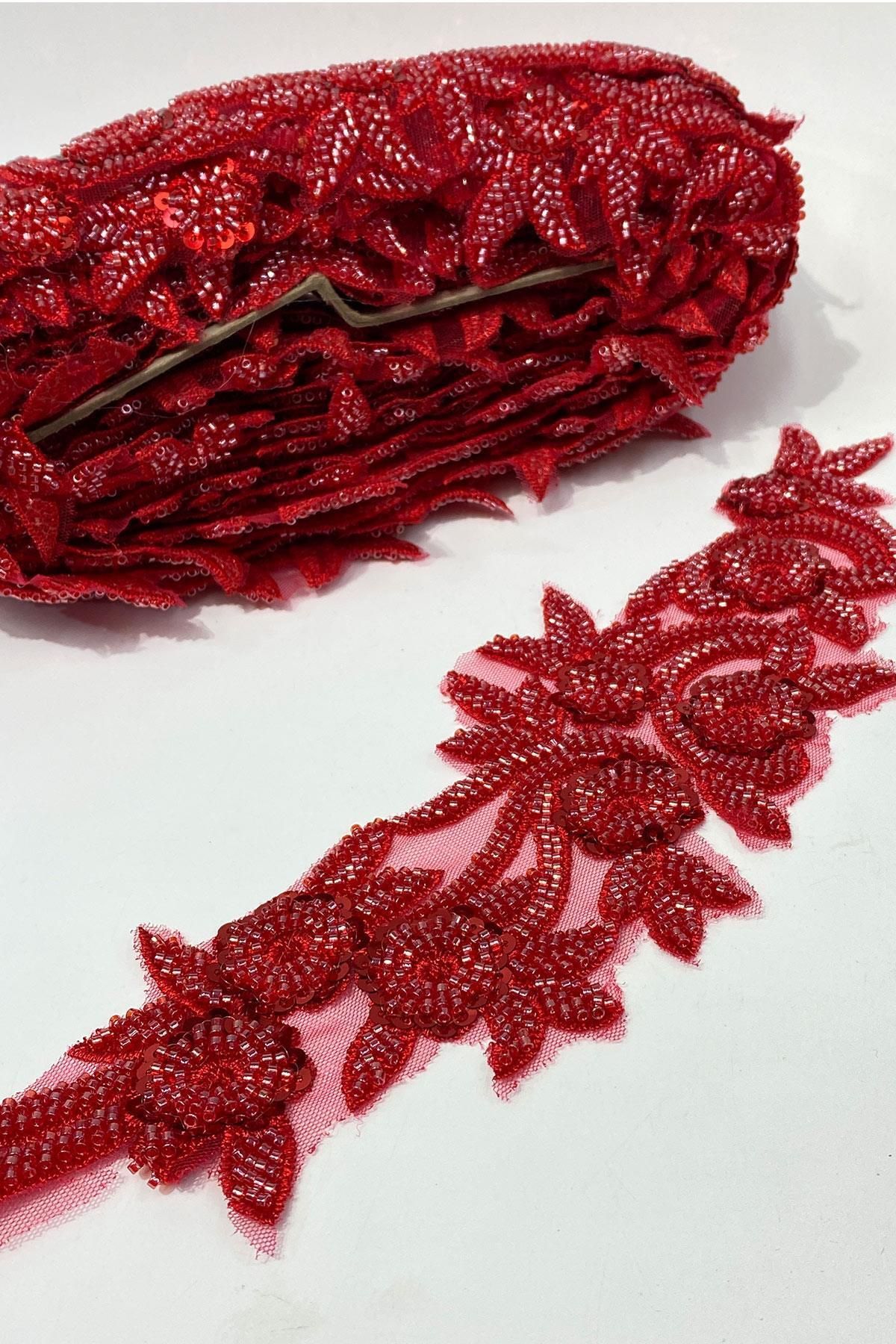 Limelia-Red Bead Embroidered Flower Pattern Wide Ribbon Applique 1 Meter 5