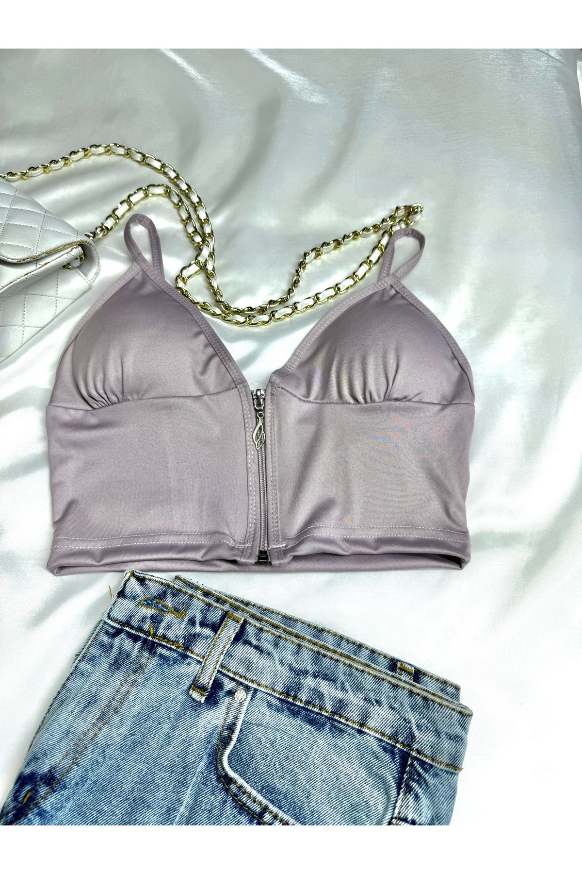 Fanwet Kadın Fermuarlı Petli Modal Kumaş Crop Atlet