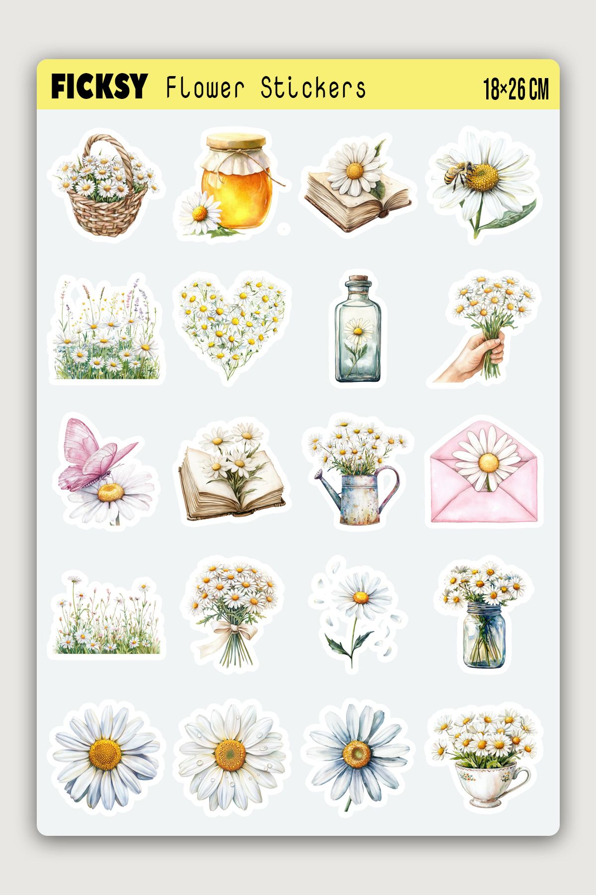 Ficksy Papatya Sticker Seti - 20 Adet Çiçek Etiket Çıkartma