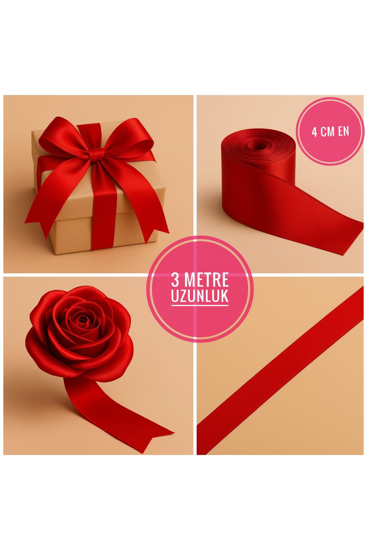Idealtoka Kırmızı saten kurdele 3 metre uzunluk 4 cm en