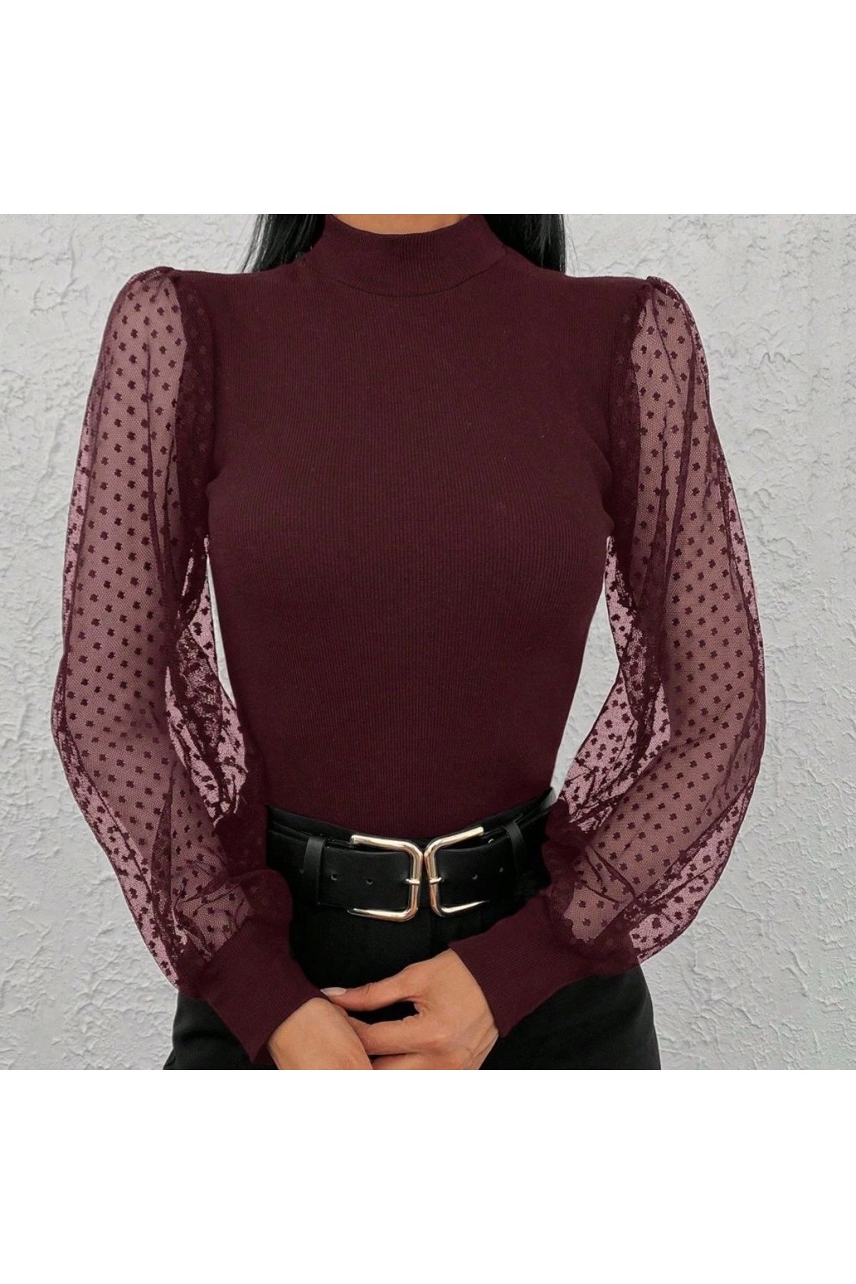 Butik Kadın Uzun Kollu Tül Detaylı Yarım Balıkçı Yaka Kaşkorse Bluz