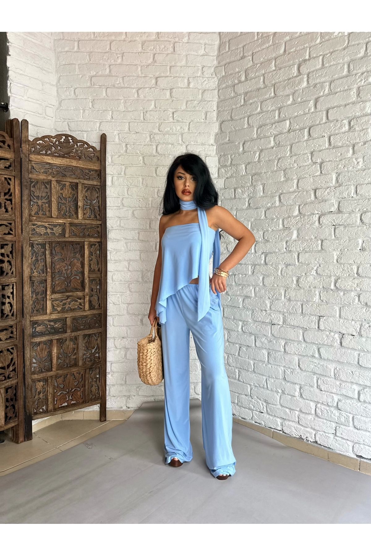moneta boutique Kadın Fularlı İkili Straplez Bluz Ve Pantolon Takım