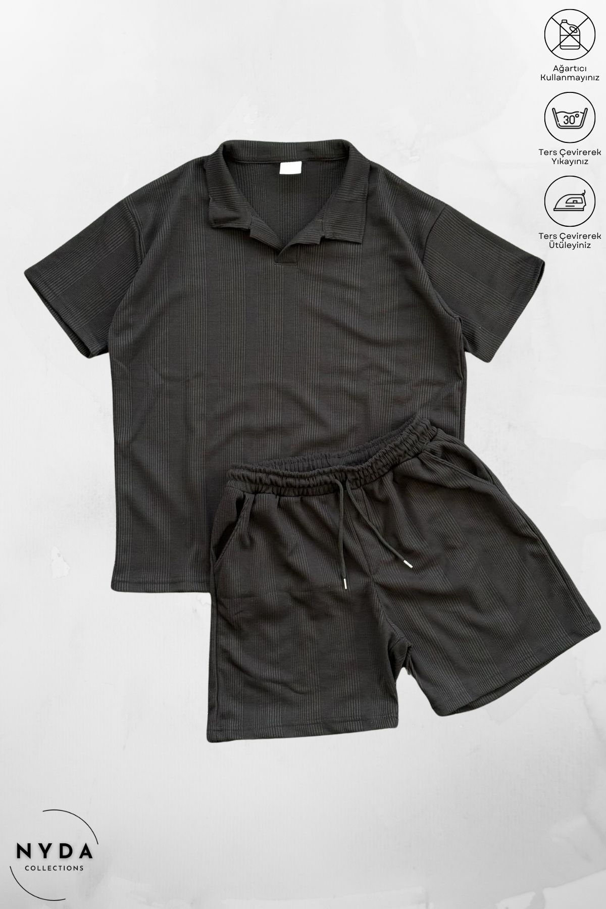 Nyda Collections Pamuklu Petek Kumaş Desenli Erkek Kadın Unisex Polo Yaka T-Shirt ve Şort Takım 2'li Set
