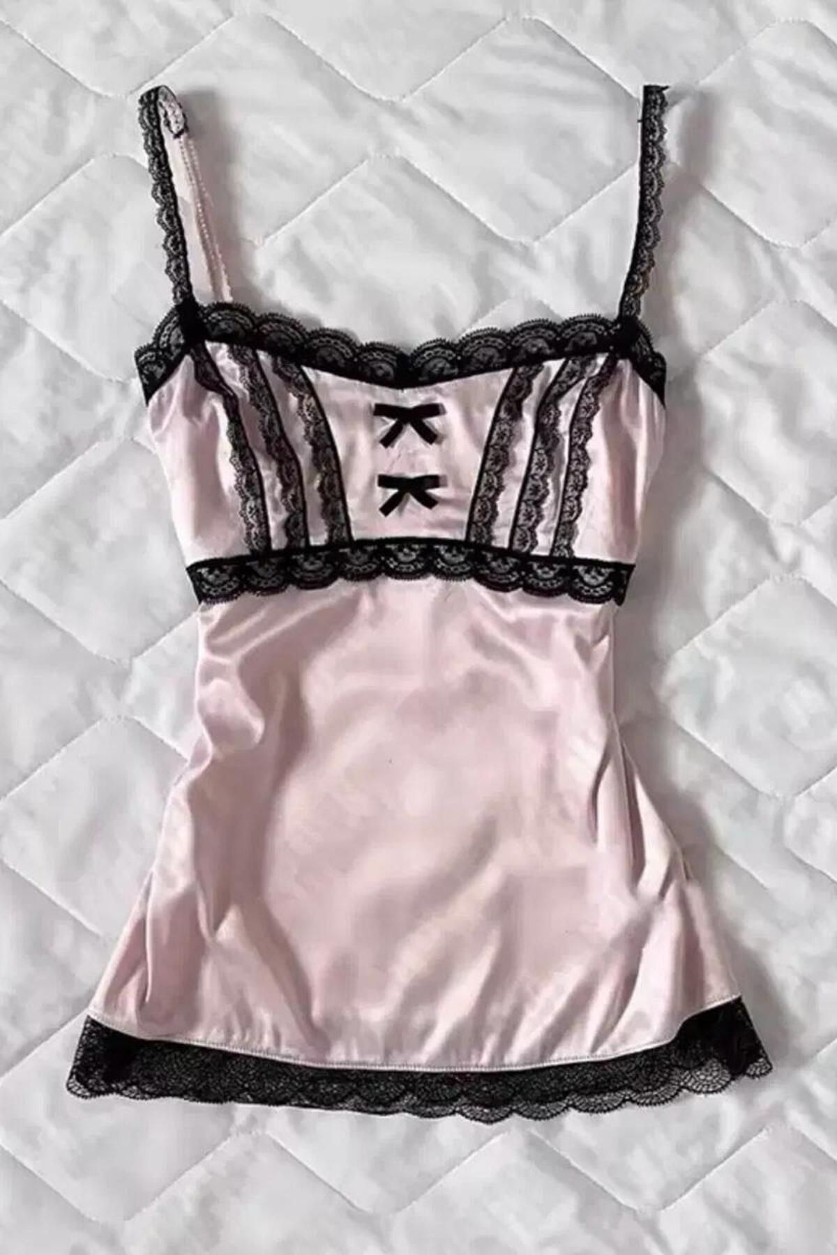 Pop Giyim Gothic Lolita Dantel Şerit Askılı Pudra Rengi Bluz