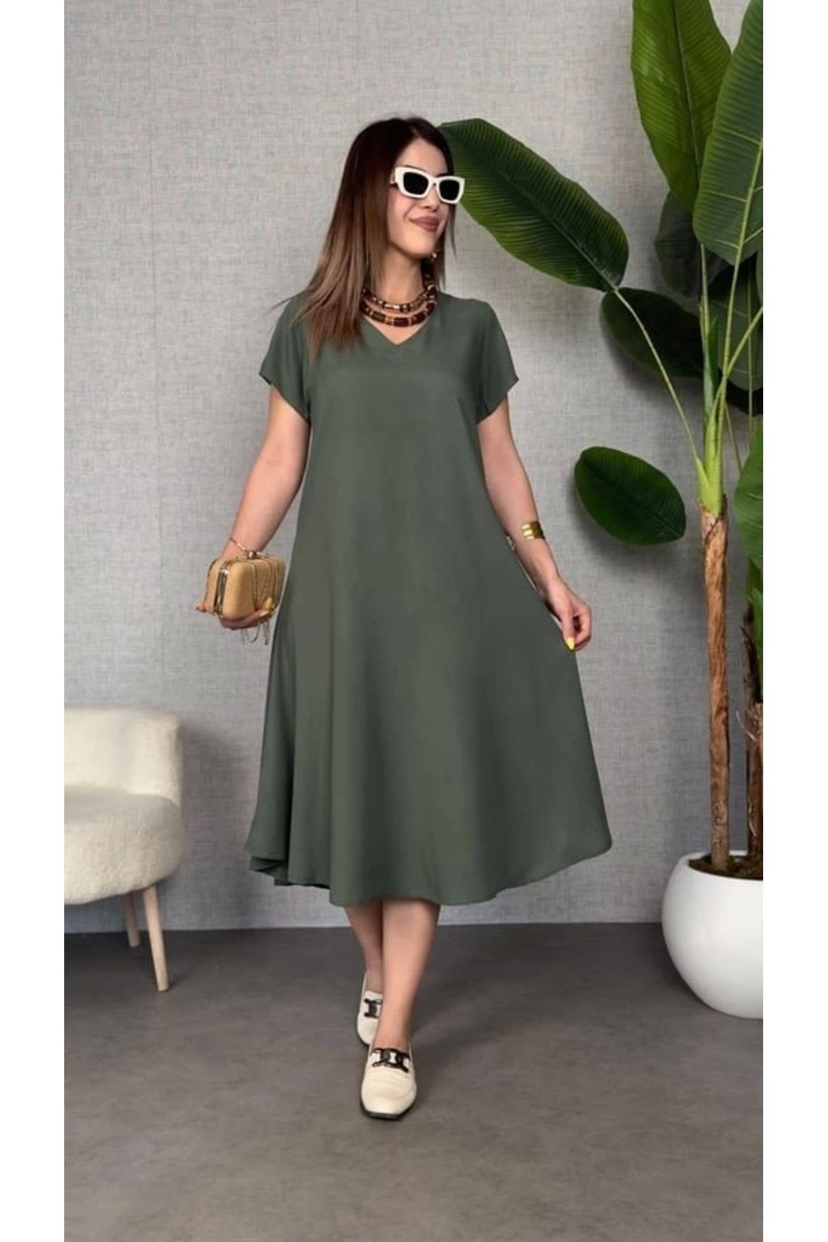 Butik Kadın Kısa Kollu V Yaka Salaş Maxi Boy Elbise