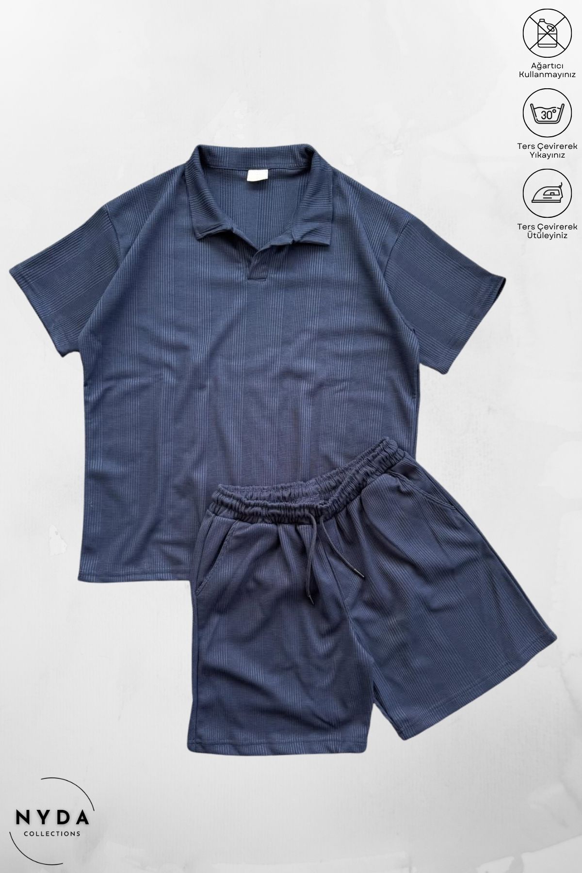 Nyda Collections Pamuklu Petek Kumaş Desenli Erkek Kadın Unisex Polo Yaka T-Shirt ve Şort Takım 2'li Set