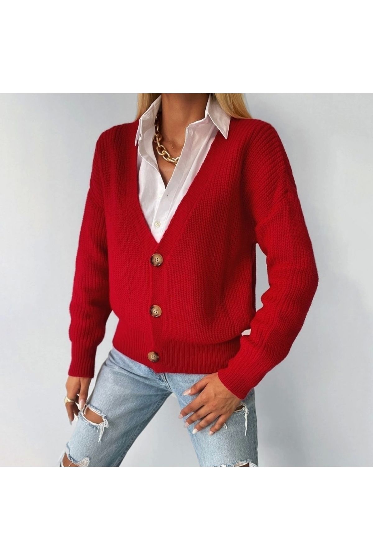Butik Kadın Uzun Kollu Düğme Detay Triko Bluz