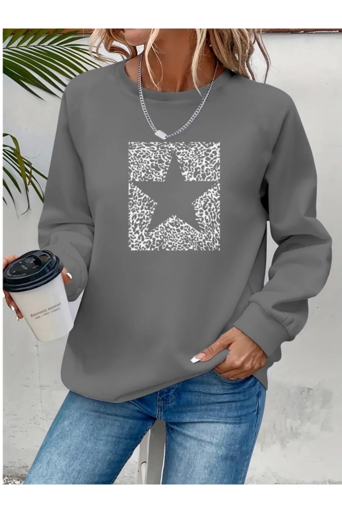 Butik Kadın Uzun Kollu Bisiklet Yaka Desenli Viskon Iki Iplik Bluz