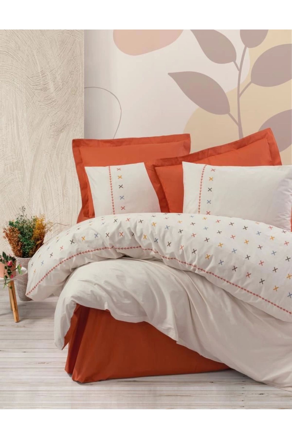 ÖYKÜ VE YİĞİT Cotton Box Brode Ranforce Çift Kişilik Nevresim Takımı Joli Kiremit