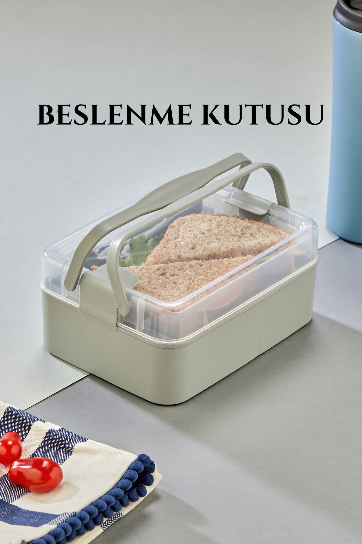 Espas Home Çift Katlı Taşınabilir Beslenme Kutusu – Şeffaf Kapaklı, Saplı, Sızdırmaz Yemek Kabı - Gri