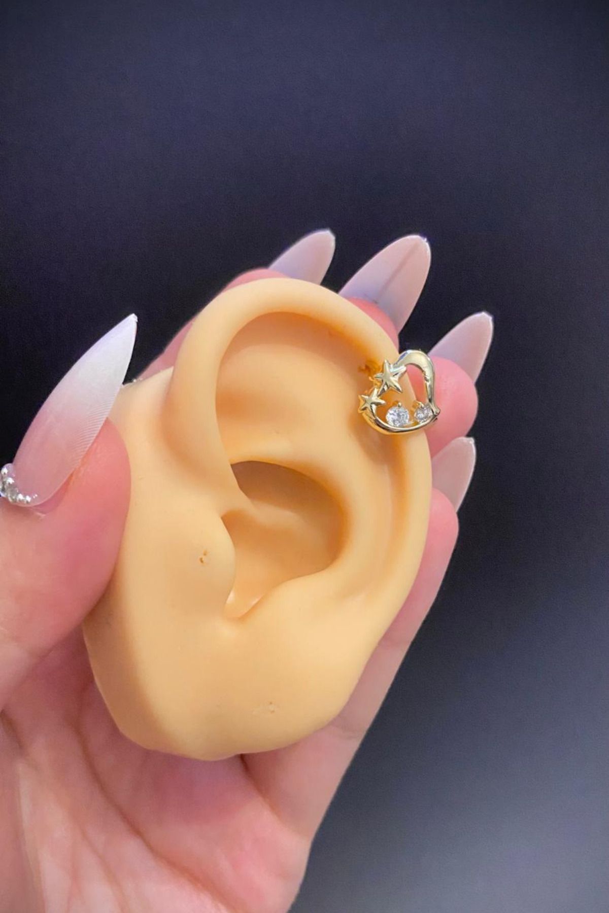 Blisse Piercing Kadın Gold Renk Kalp, Yıldız ve Zirkon Taş Detaylı 316L Çelik Helix & Lobe Kıkırdak Piercing