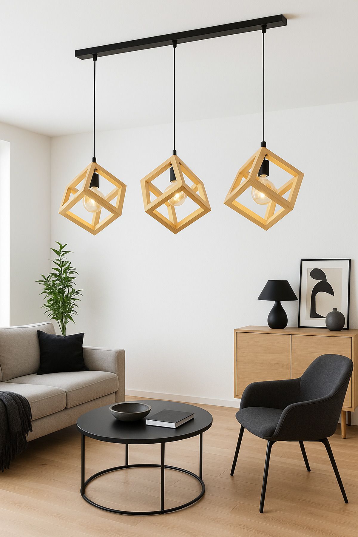 Onouqo Brera Küp 3'lü Modern Klasik Rustik Retro Vintage Naturel Ahşap Sarkıt Avize Aydınlatma