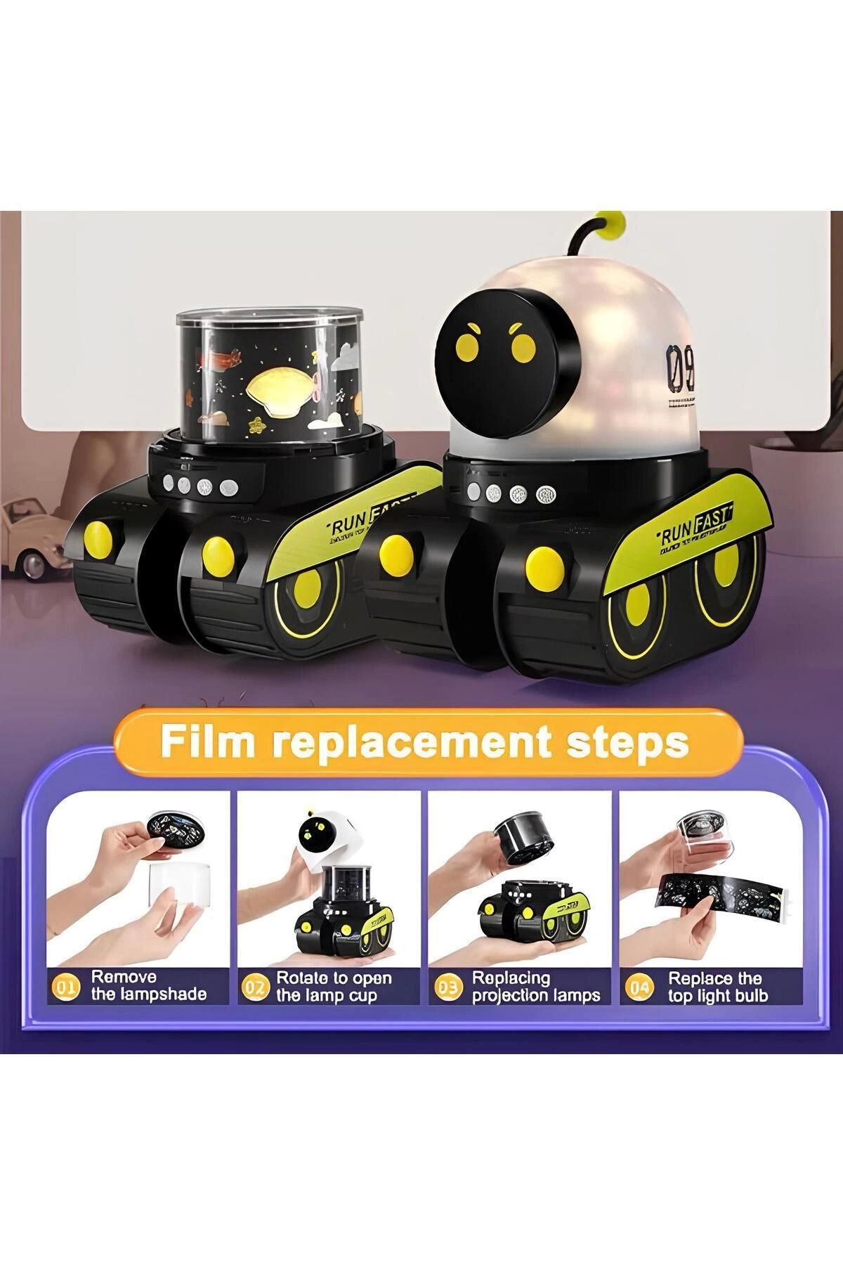 ÖYKÜ VE YİĞİT ÇOCUKLAR İÇİN EĞİTİCİ VE EĞLENCELİ ROBOT TEMALI PROJEKTÖR GECE LAMBASI