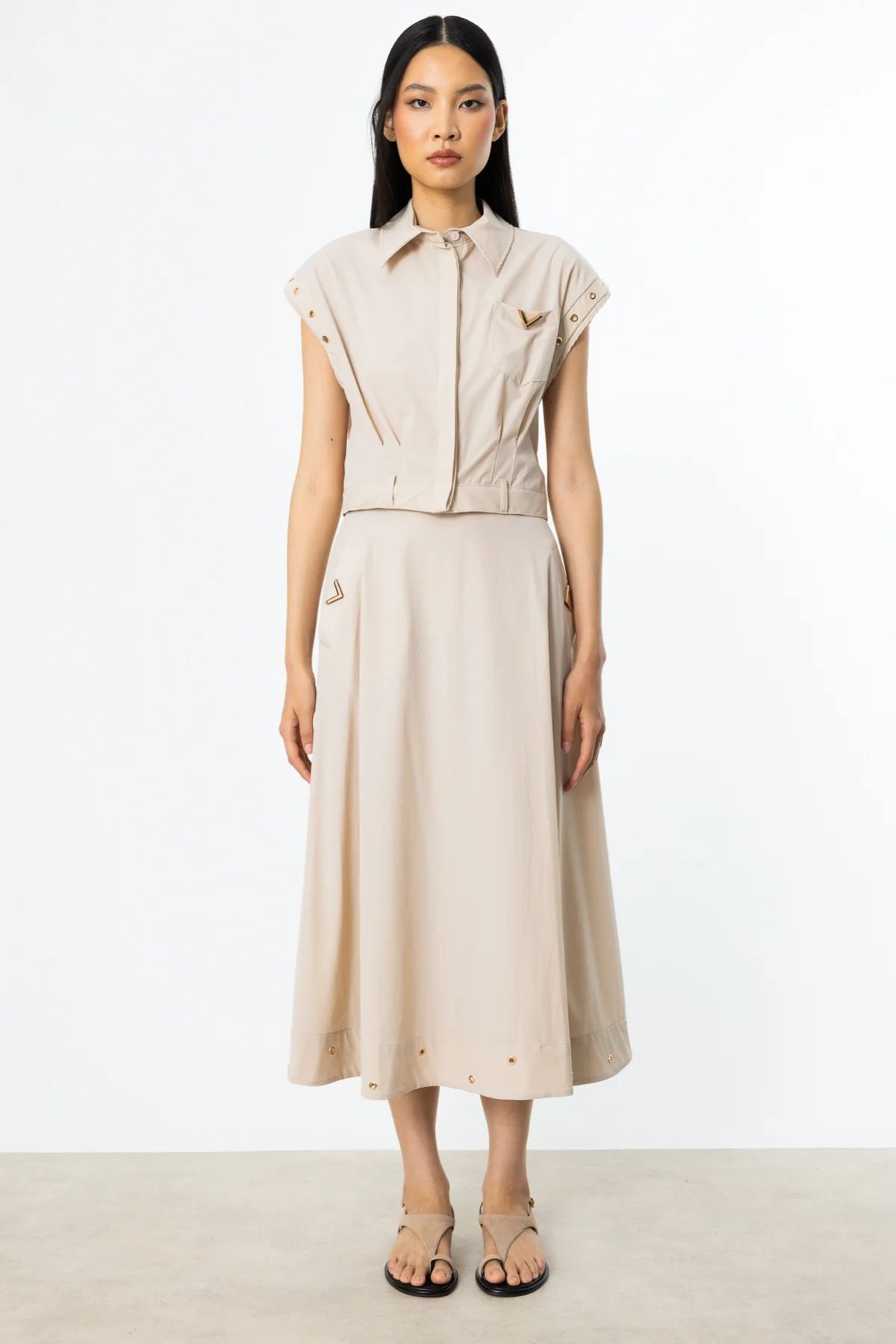 On Fashion On Kuşgözü Detaylı Paraşüt Kumaş Etek Bej - 56402